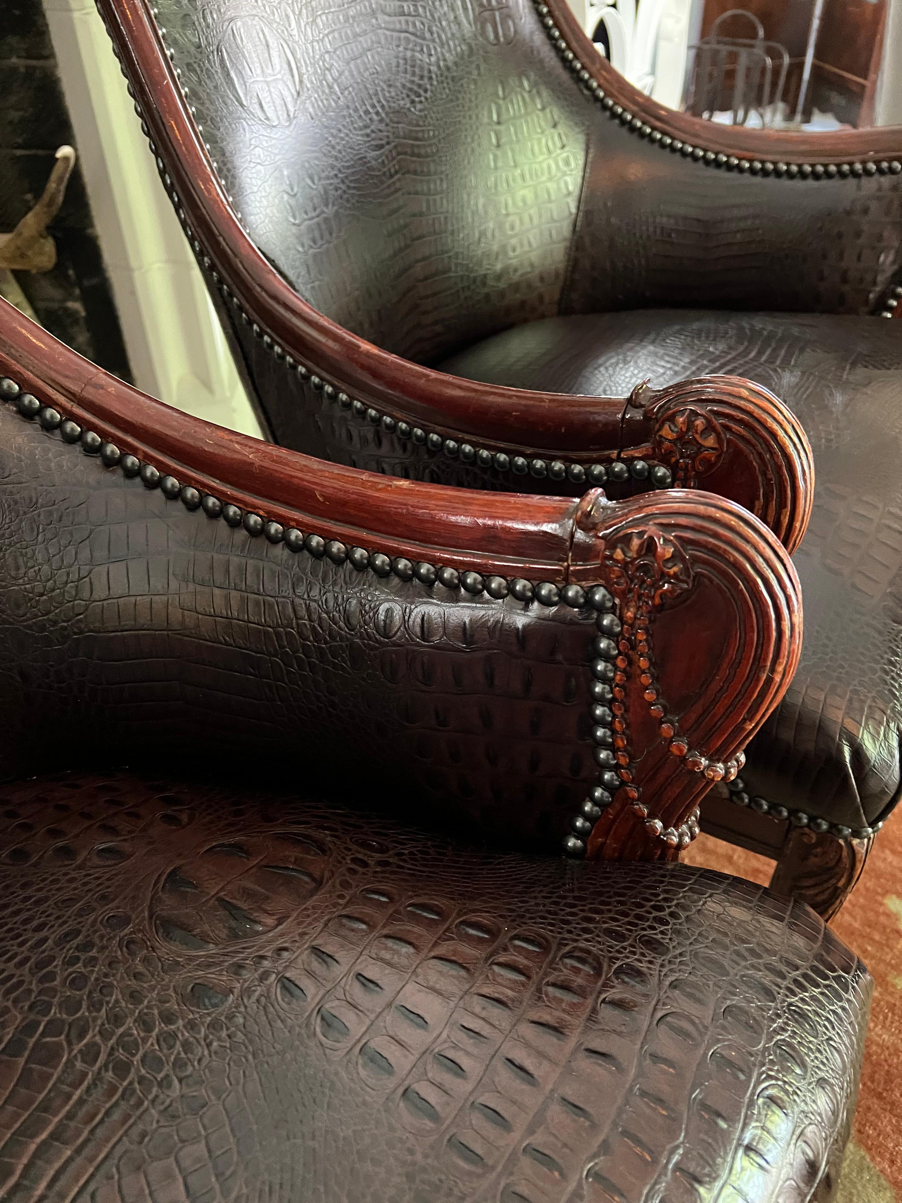 Pair Grosfeld House Chairs in Crocodile Leather and Nail Head Details For Sale 11