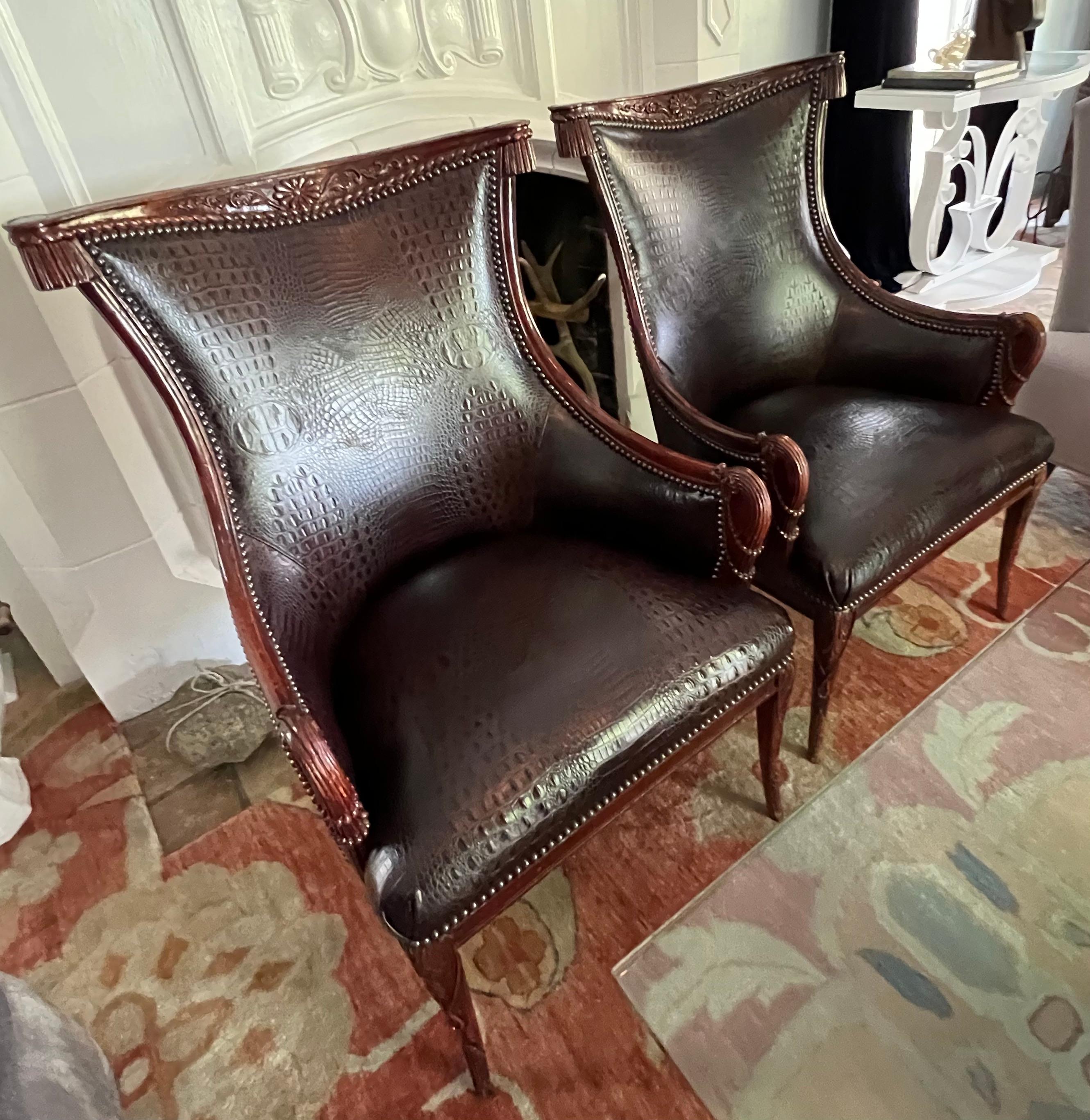 Pair Grosfeld House Chairs in Crocodile Leather and Nail Head Details For Sale 12
