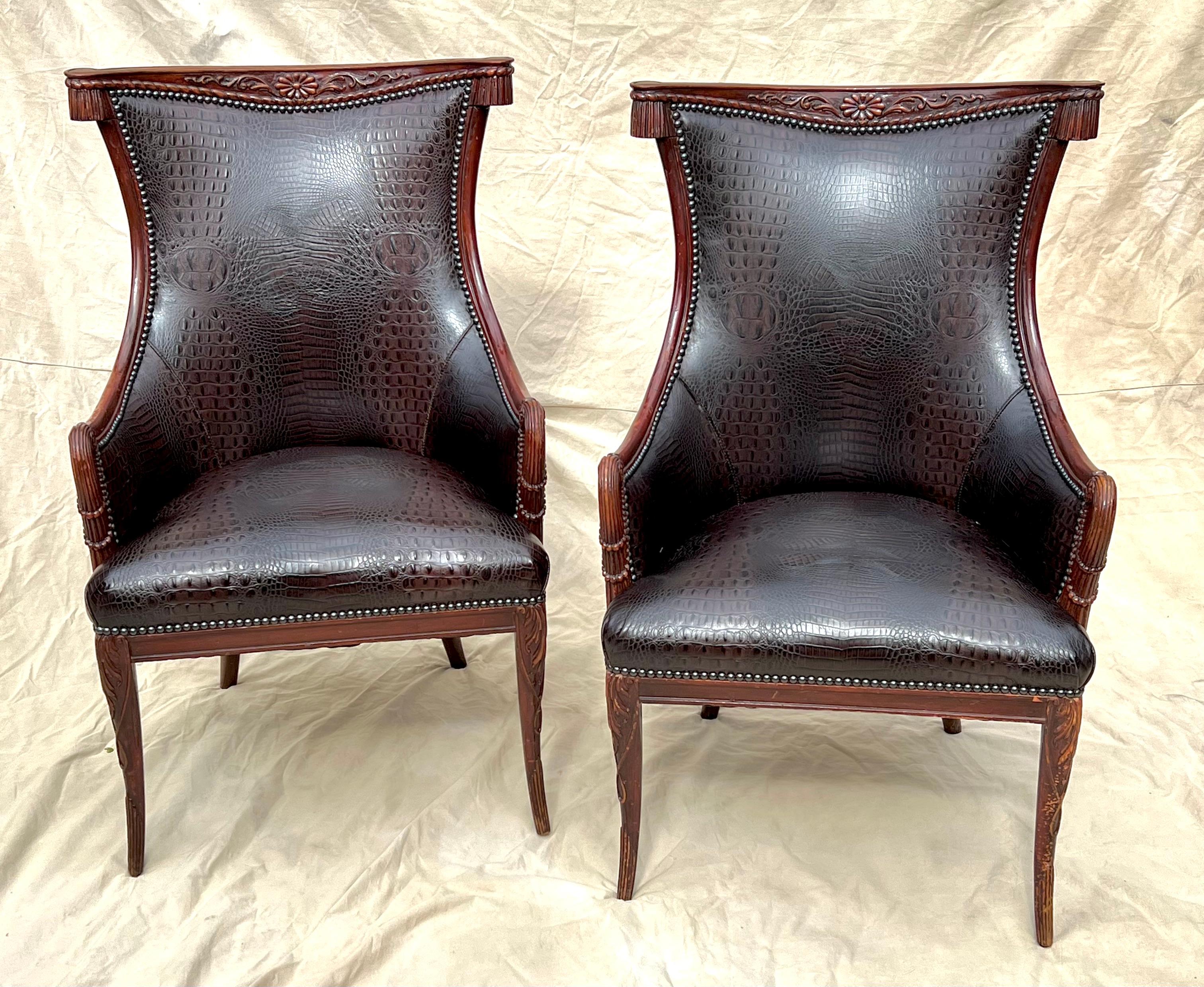 Hollywood Regency Pair Grosfeld House Chairs in Crocodile Leather and Nail Head Details For Sale