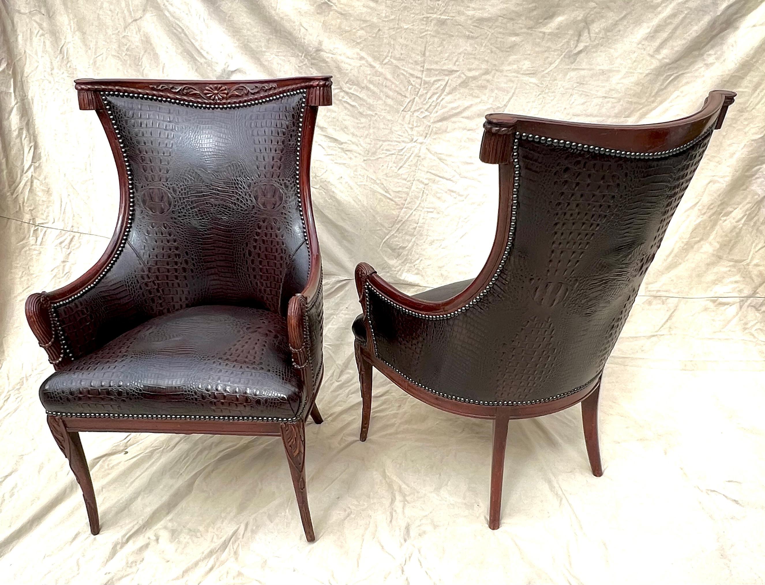 Hand-Crafted Pair Grosfeld House Chairs in Crocodile Leather and Nail Head Details For Sale