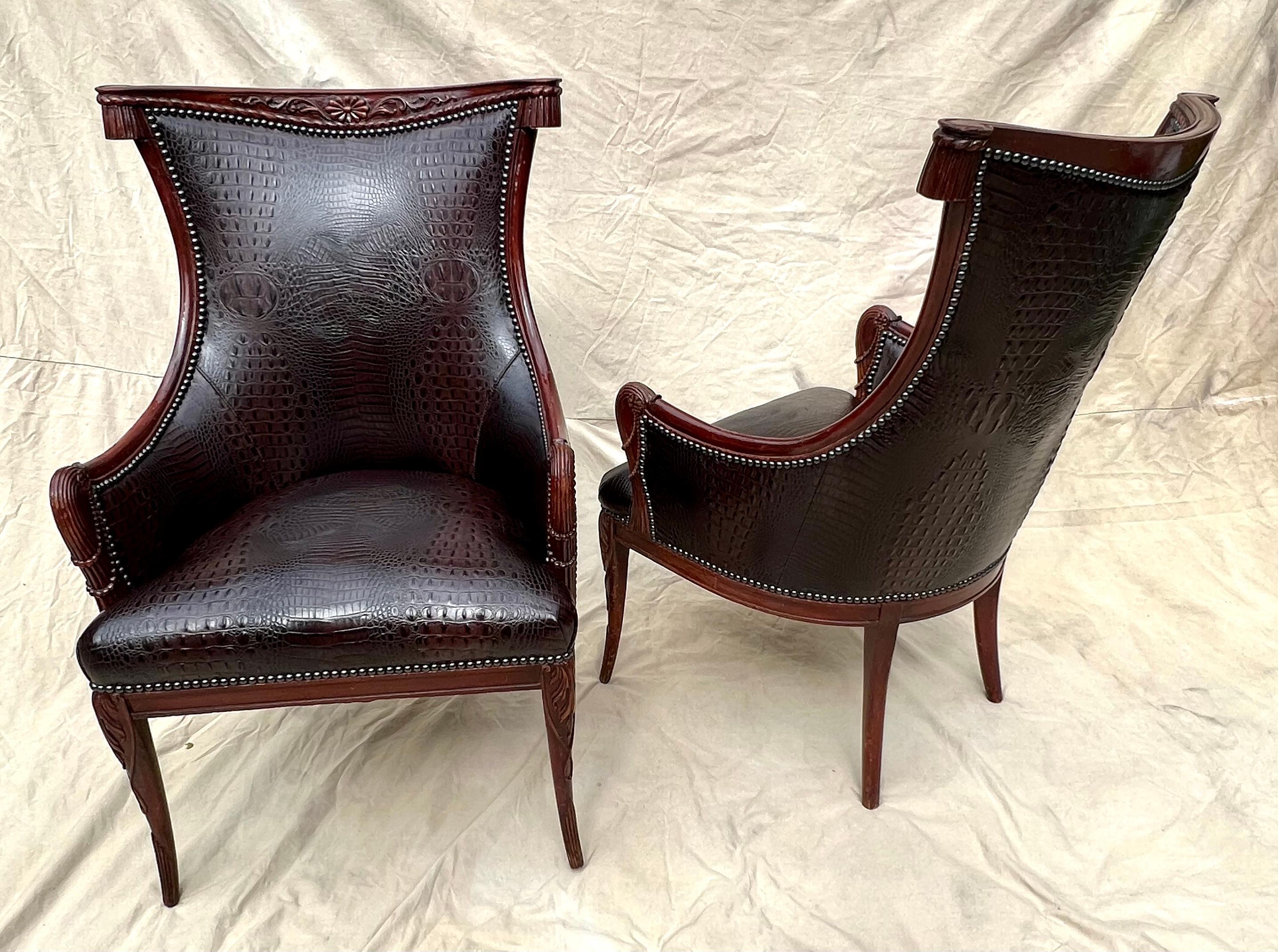 Pair Grosfeld House Chairs in Crocodile Leather and Nail Head Details In Good Condition For Sale In Los Angeles, CA