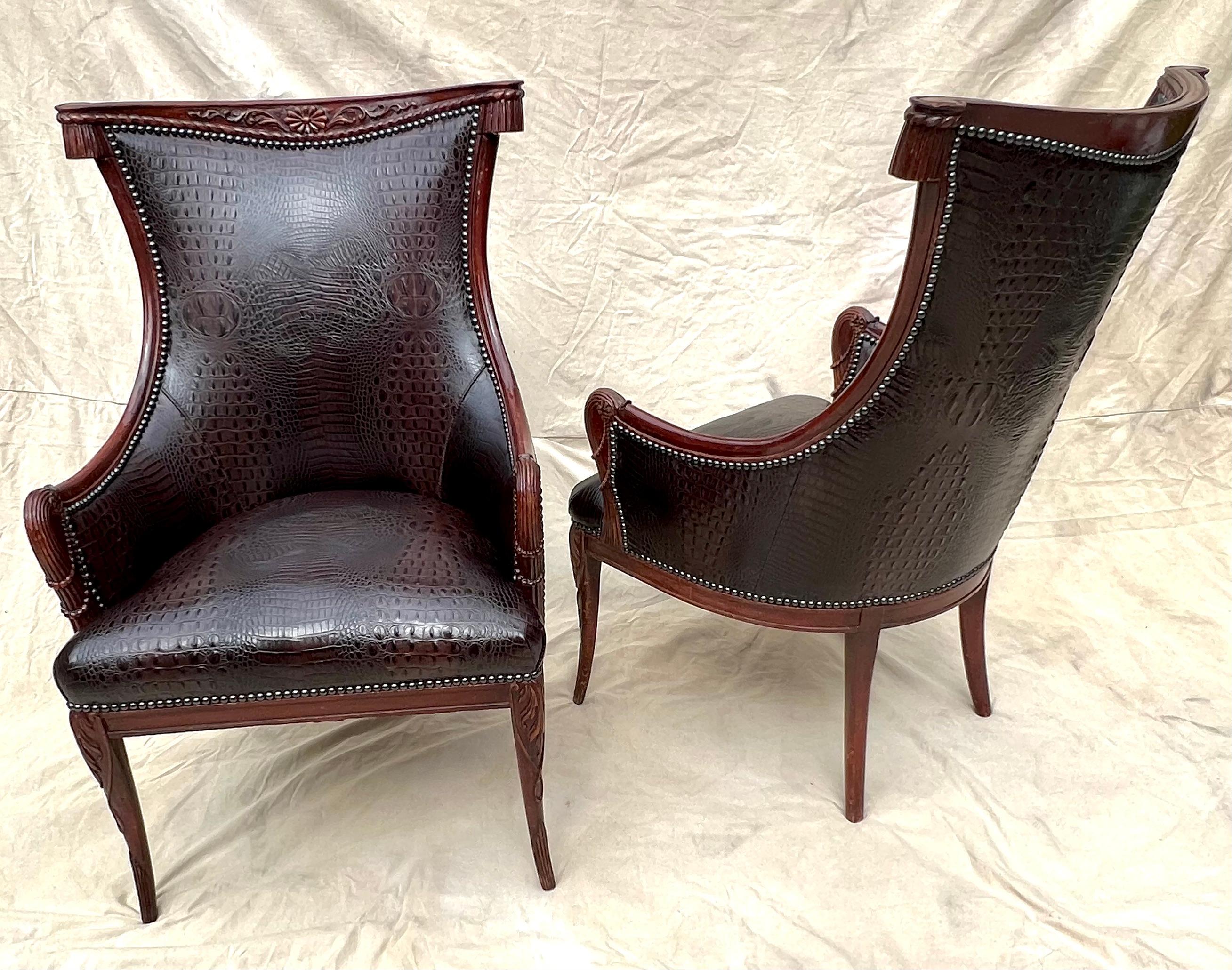 20th Century Pair Grosfeld House Chairs in Crocodile Leather and Nail Head Details For Sale