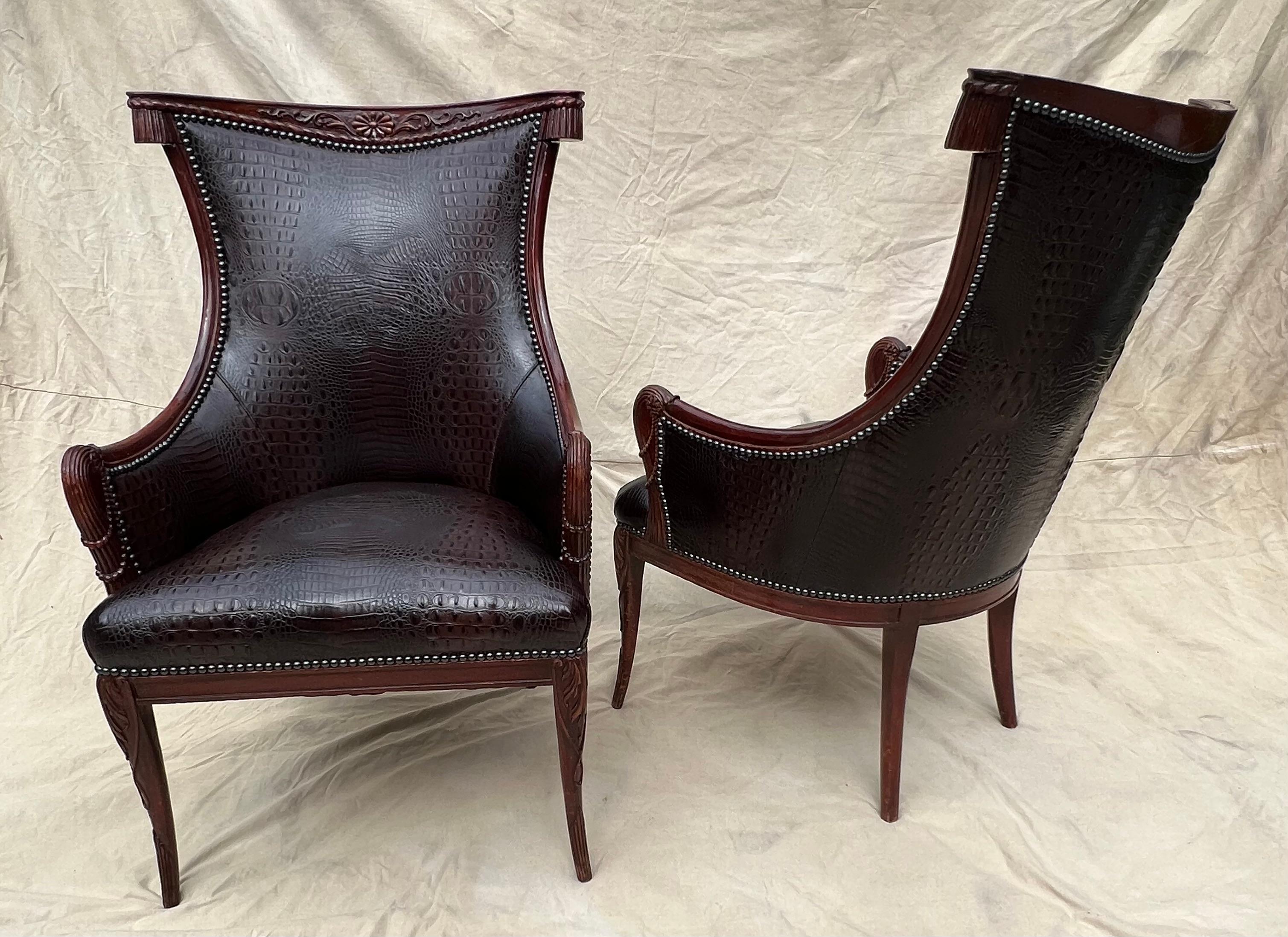 Pair Grosfeld House Chairs in Crocodile Leather and Nail Head Details For Sale 1