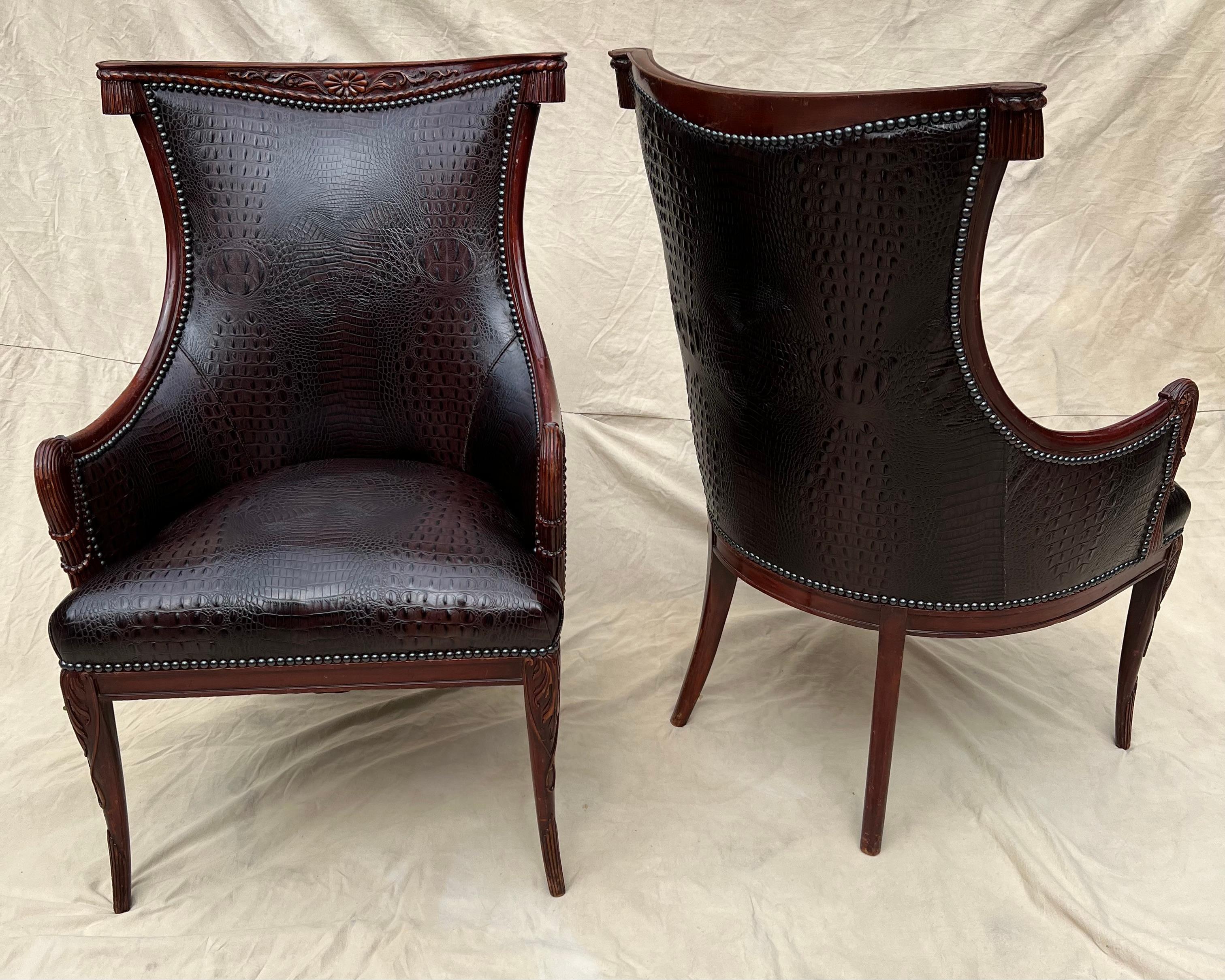 Pair Grosfeld House Chairs in Crocodile Leather and Nail Head Details For Sale 2