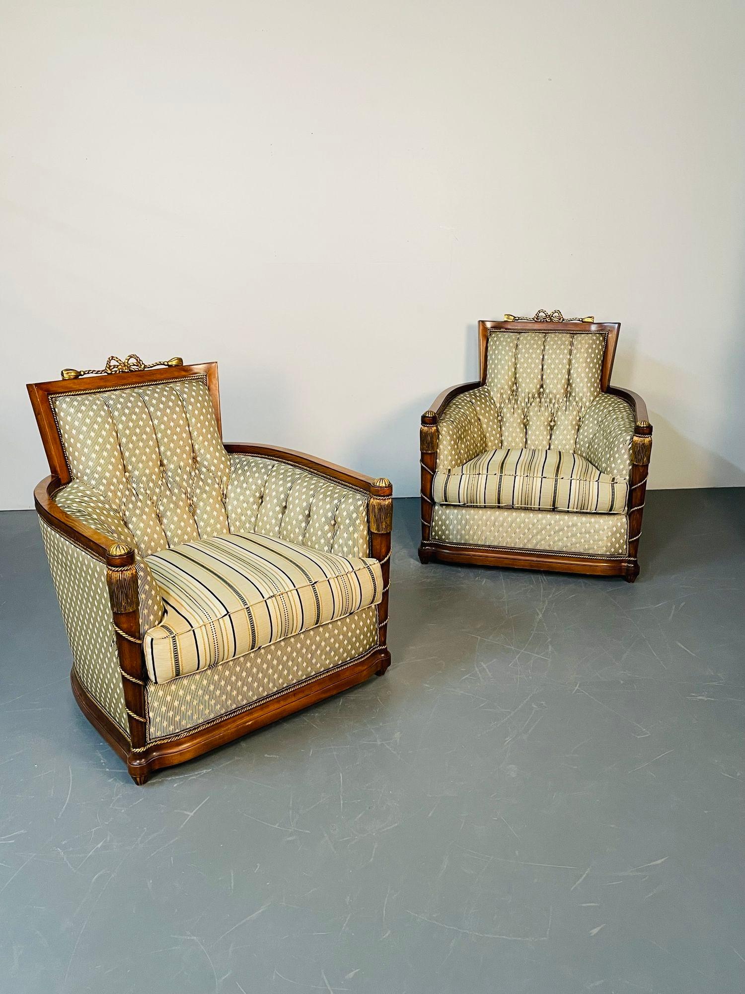 Pair of Grosfeld House Hi Back Arm Chairs, Bergere or Lounge Chairs, Scalamandre Fabric
 
Part of a complete Living Room set sold as one pair of chairs and a sofa separately. This stunning Grosfeld House pair of tall back arm chairs in a stunning