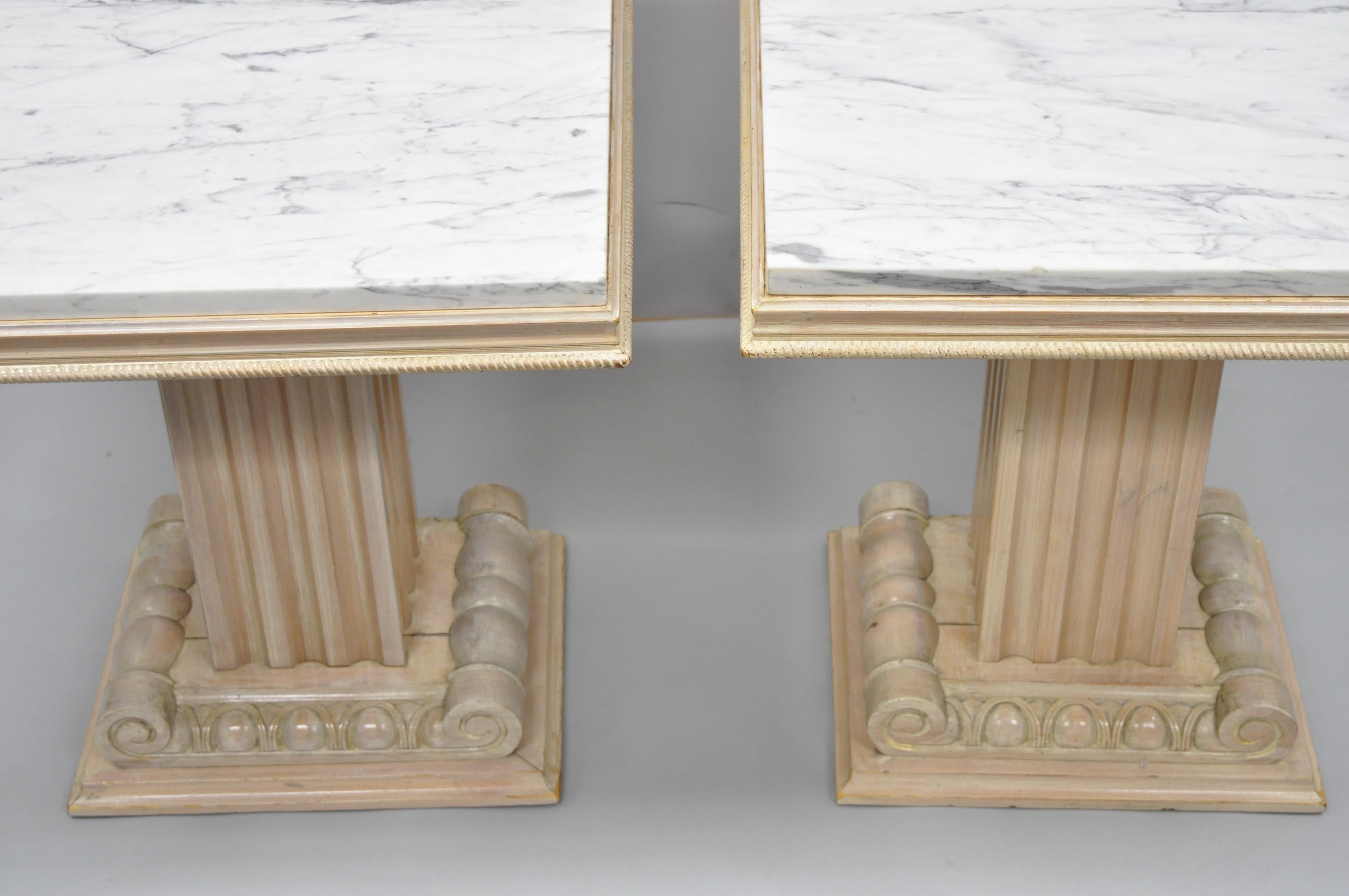 Pair of Grosfeld House Hollywood Regency Column Pedestal Marble Top Side Tables In Good Condition In Philadelphia, PA