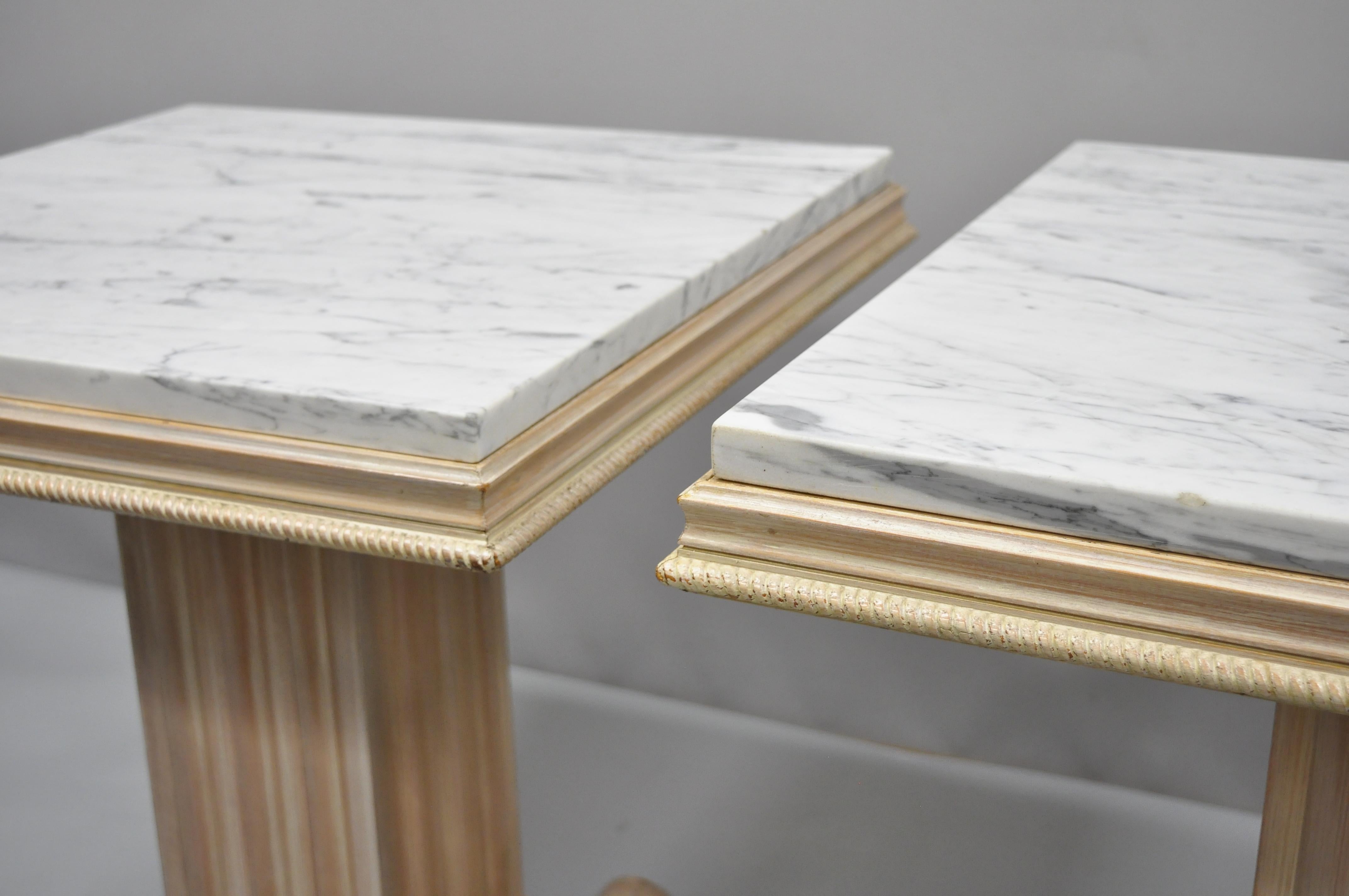 Leather Pair of Grosfeld House Hollywood Regency Column Pedestal Marble Top Side Tables