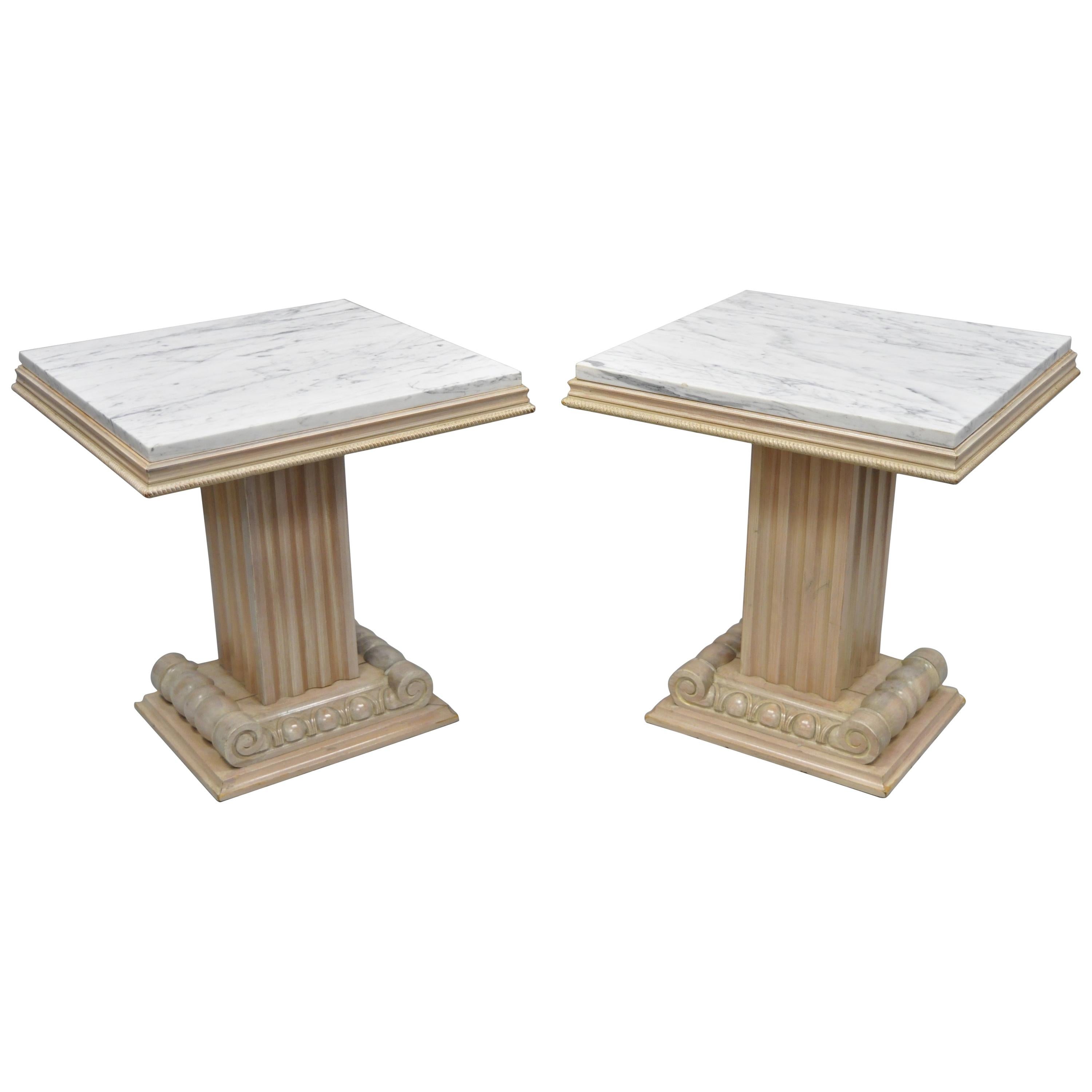 Pair of Grosfeld House Hollywood Regency Column Pedestal Marble Top Side Tables