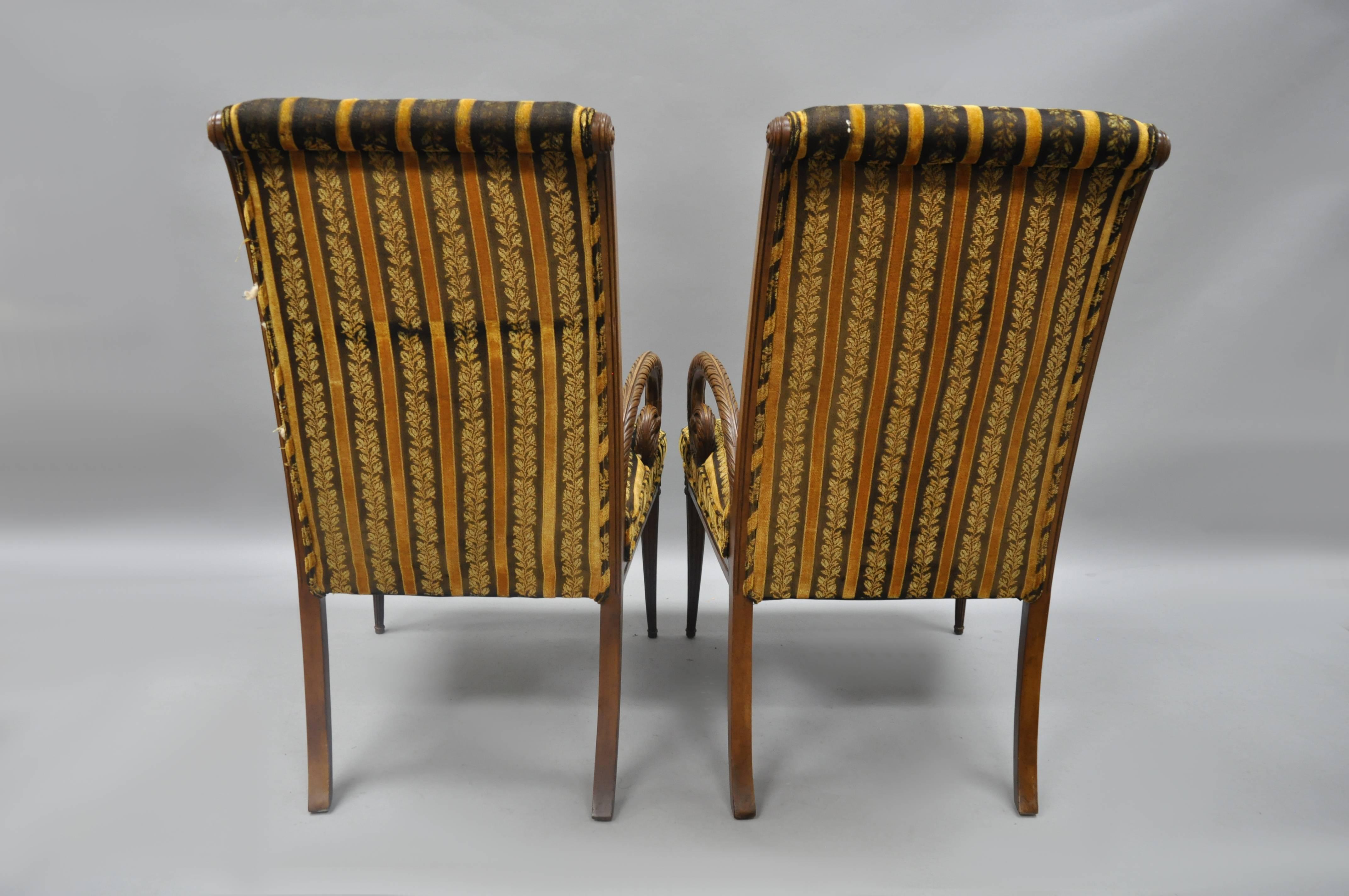 Mid-20th Century Pair of Grosfeld House Mahogany Armchairs Plume Feather Carved Hollywood Regency For Sale