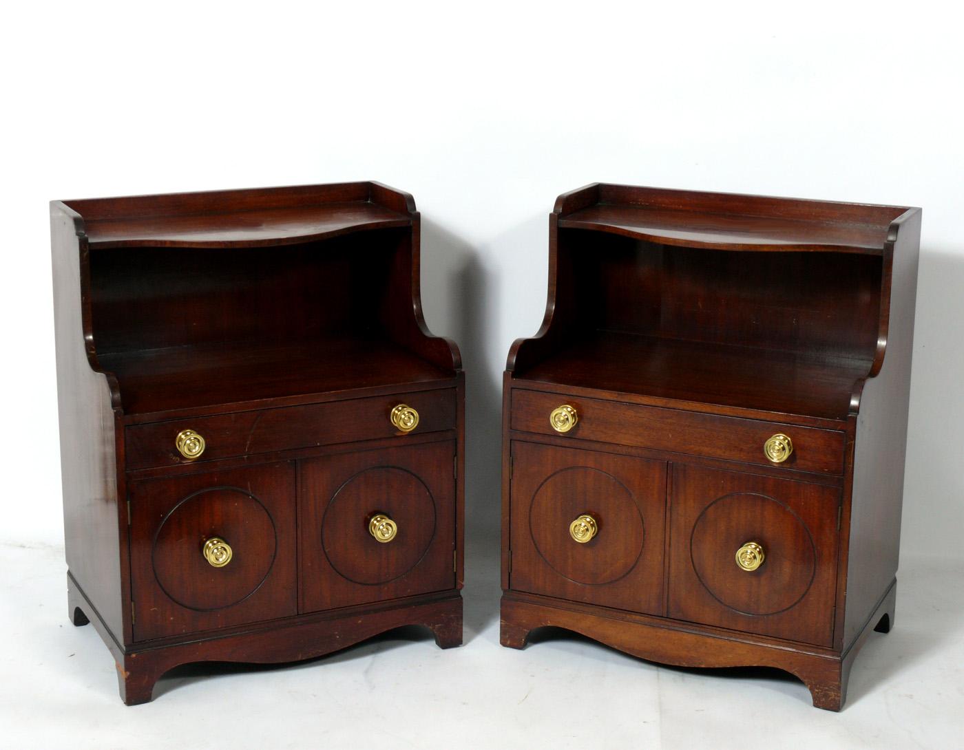 Pair of glamorous serpentine night stands or end tables, designed by Grosfeld House, circa 1940s. These are currently being refinished and can be completed in your choice of color. Choose any stain color, or really bump up the glamour factor with a