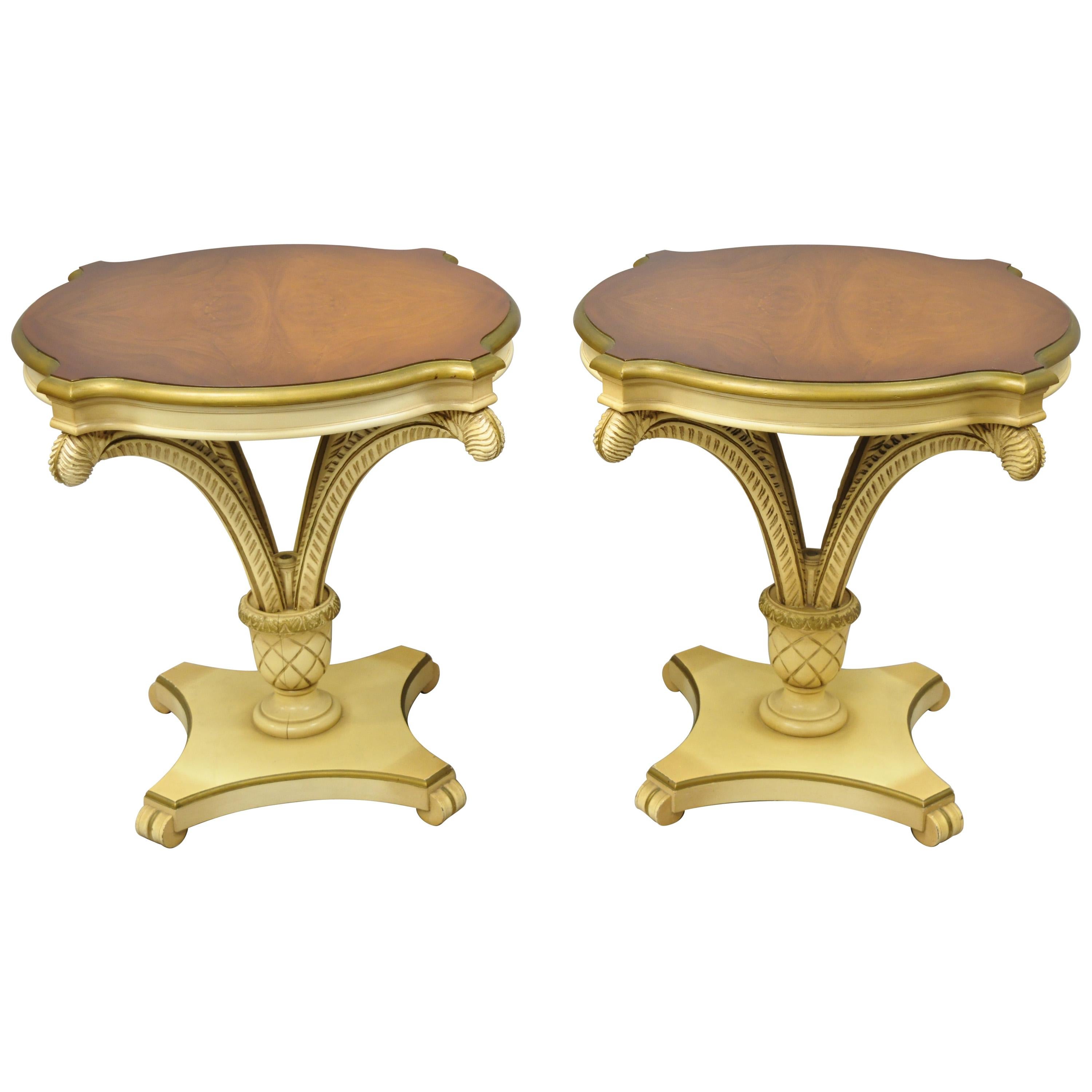 Pair of Grosfeld House Plume Carved Feather Pedestal Regency End Side Tables For Sale