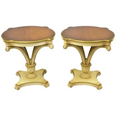 Pair of Grosfeld House Plume Carved Feather Pedestal Regency End Side Tables