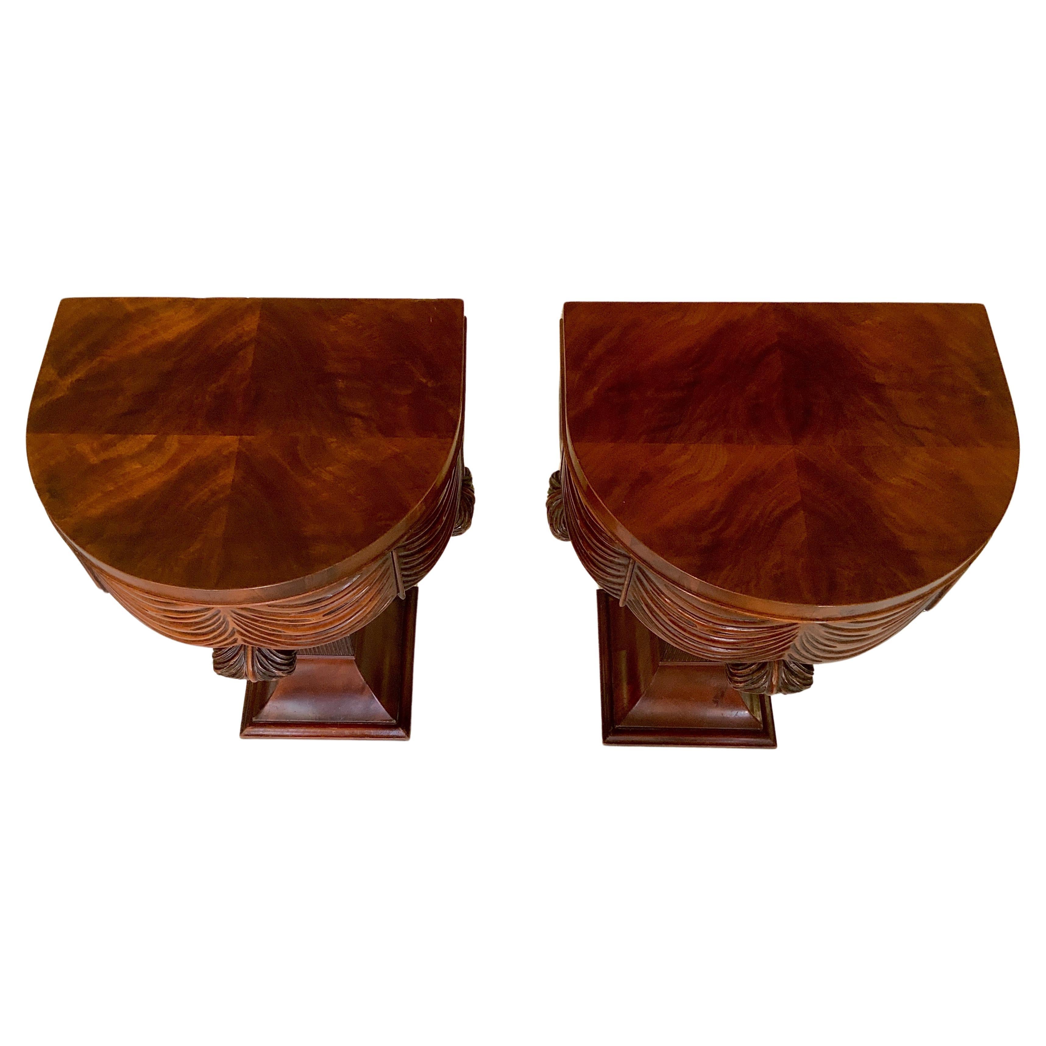 Mahogany Pair of Grosfeld House Plume Draped Side Tables Nightstands Hollywood Regency For Sale