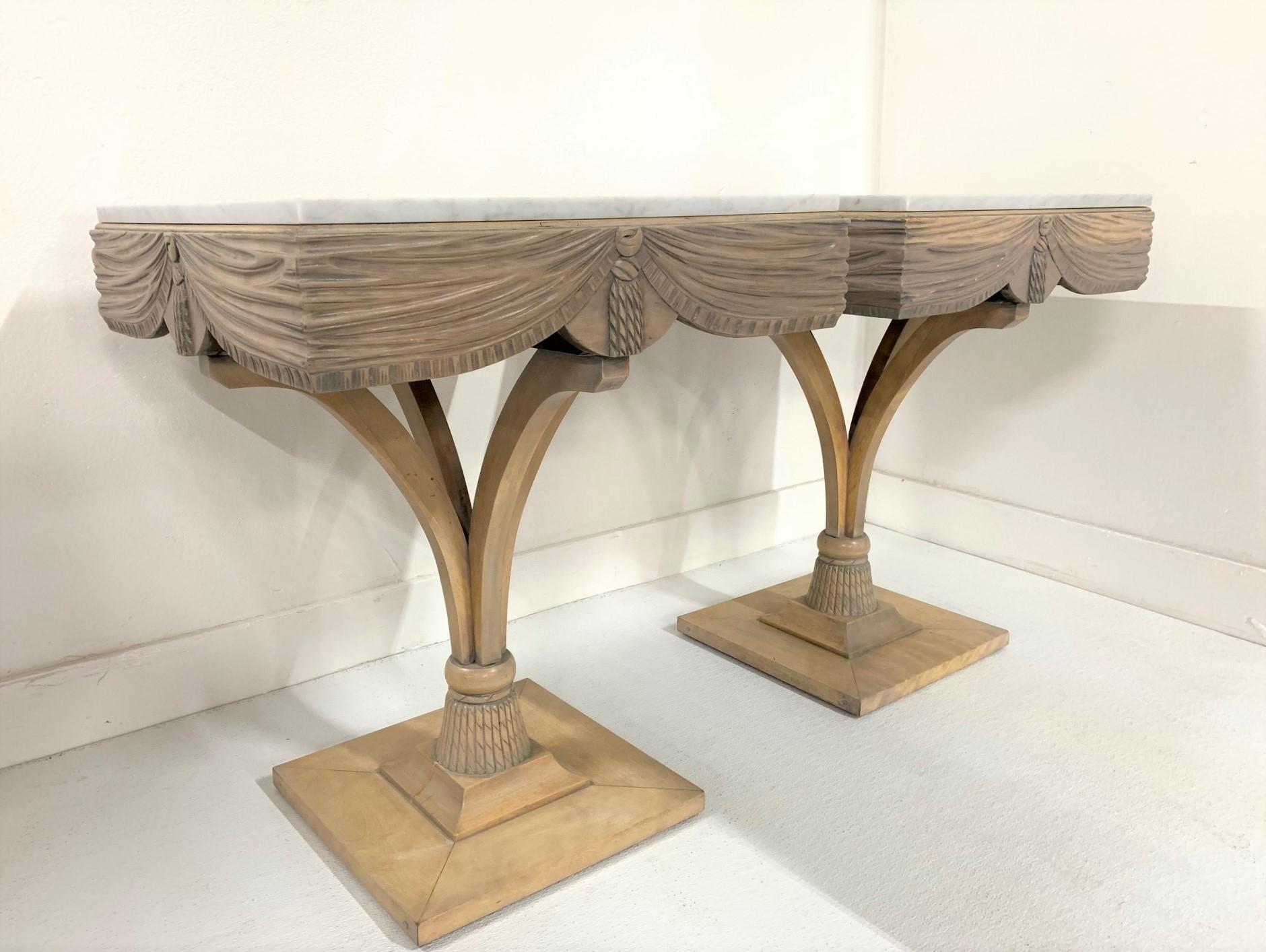Hollywood Regency Pair of Grosfeld House Plume Marble-Top Side Tables For Sale