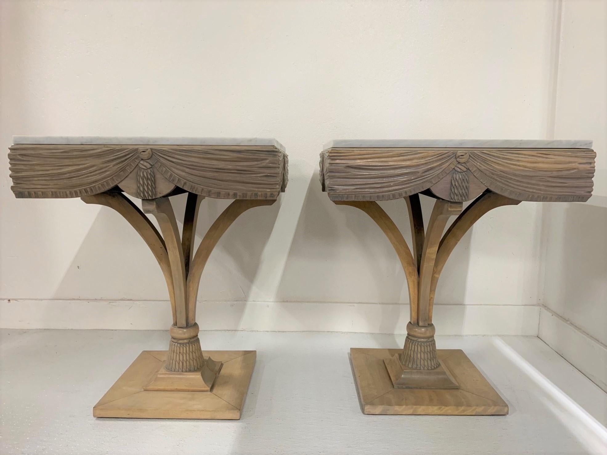 Bleached Pair of Grosfeld House Plume Marble-Top Side Tables For Sale