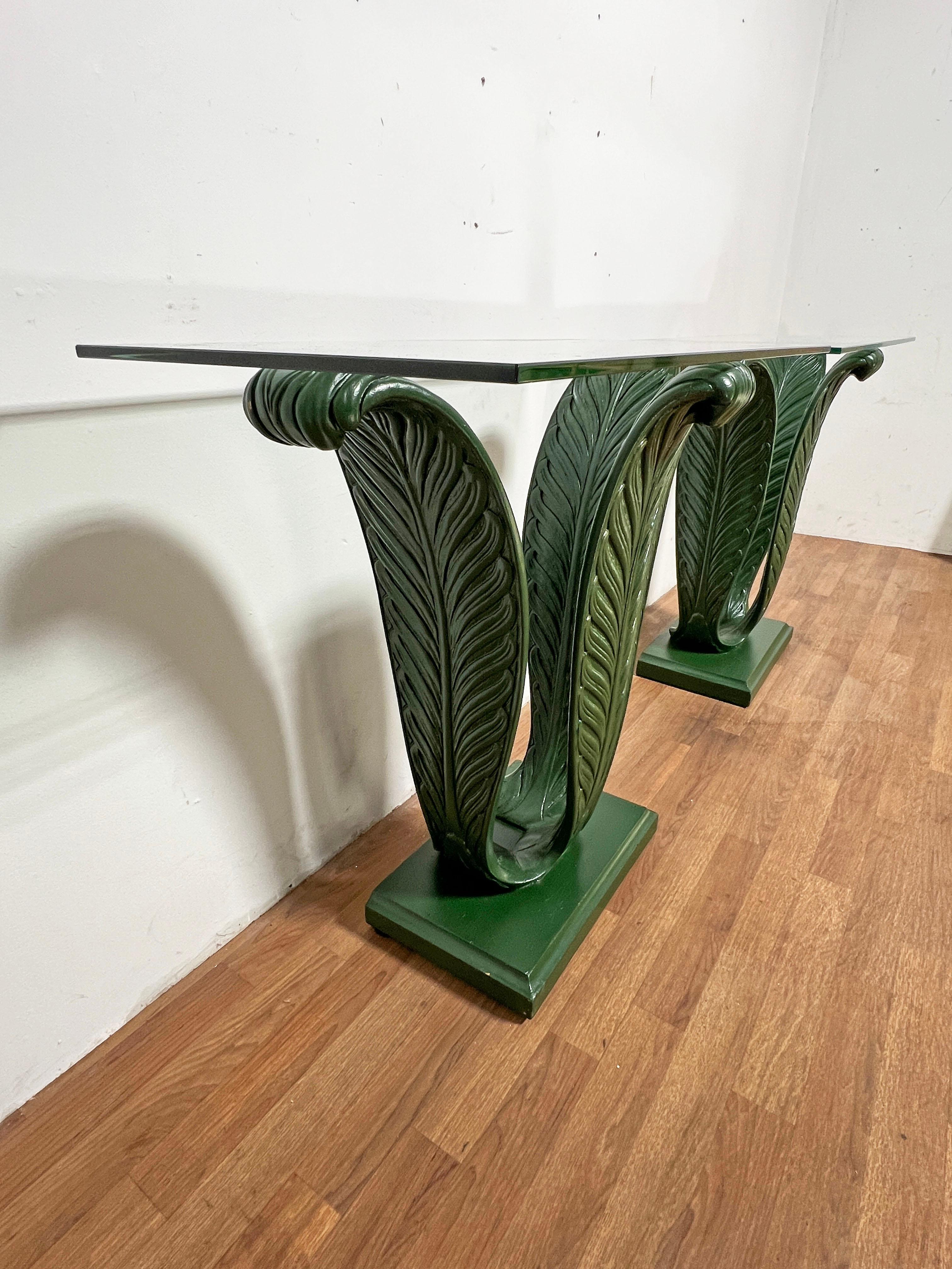 Glass Pair of Grosfeld House Style Plumed Console Tables Circa 1930s For Sale