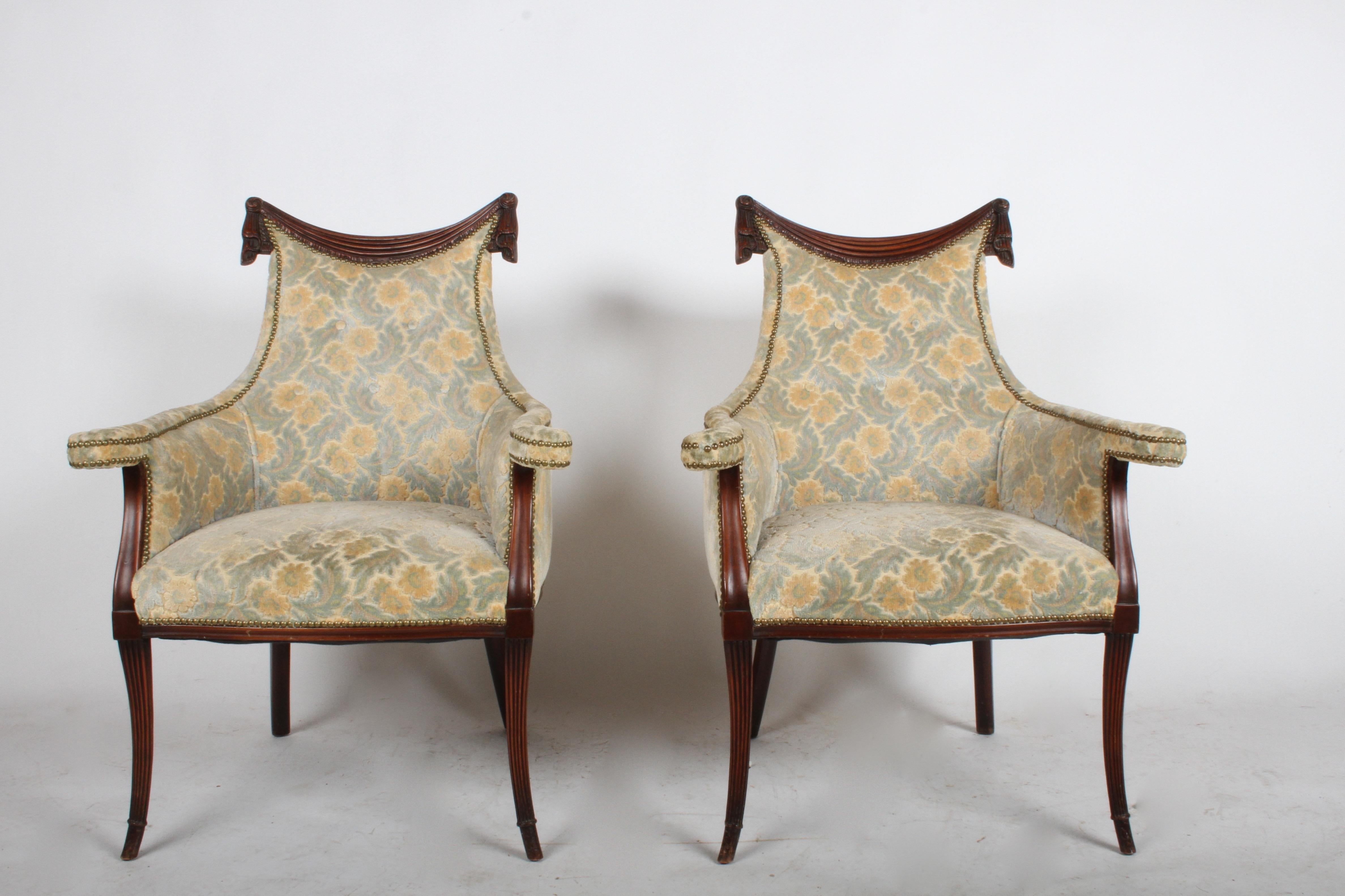 Pair of Grosfeld House Swag and Drape Bergère Chairs, Hollywood Regency For Sale 5