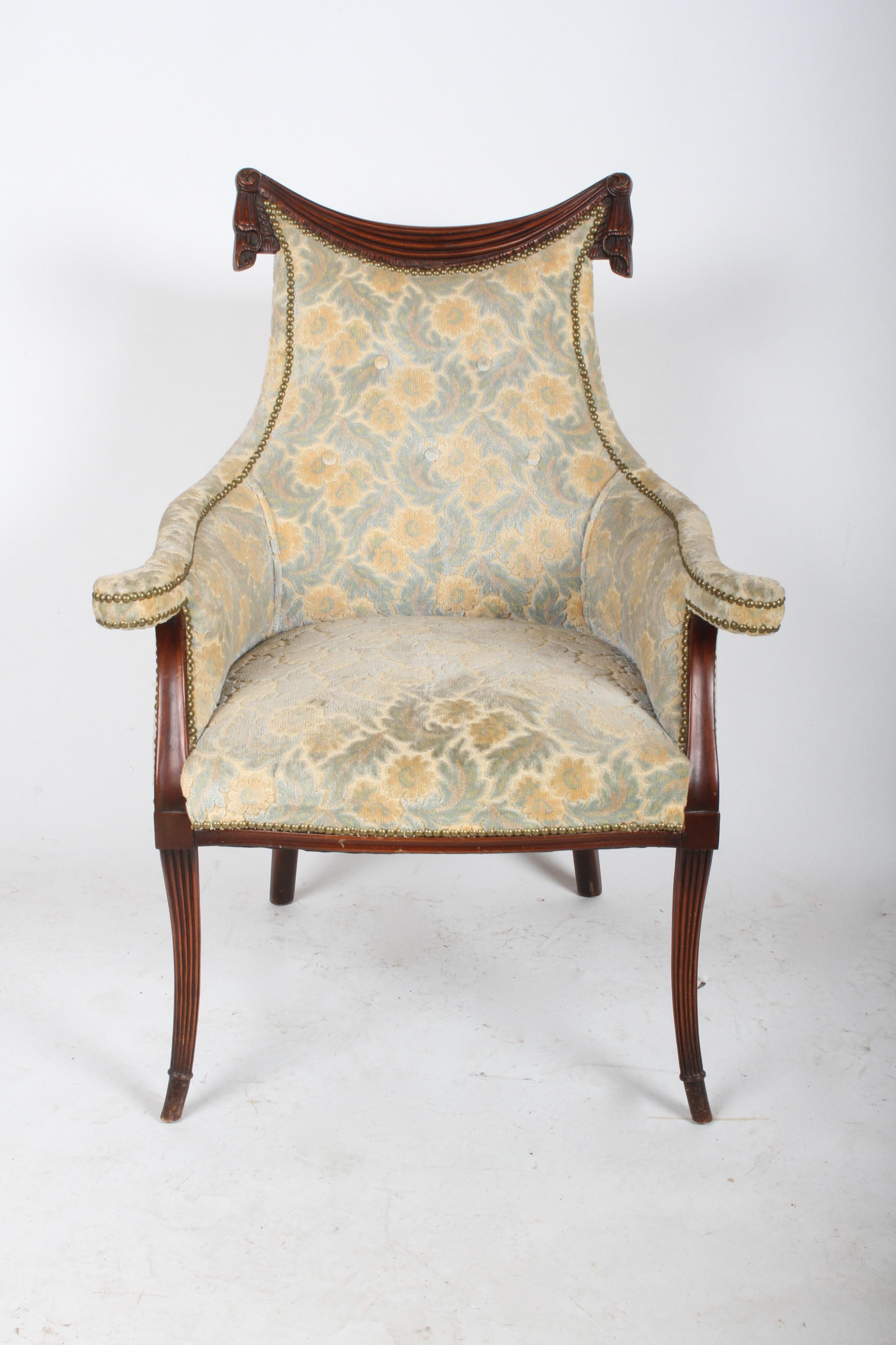 Pair of Grosfeld House Swag and Drape Bergère Chairs, Hollywood Regency In Good Condition For Sale In St. Louis, MO