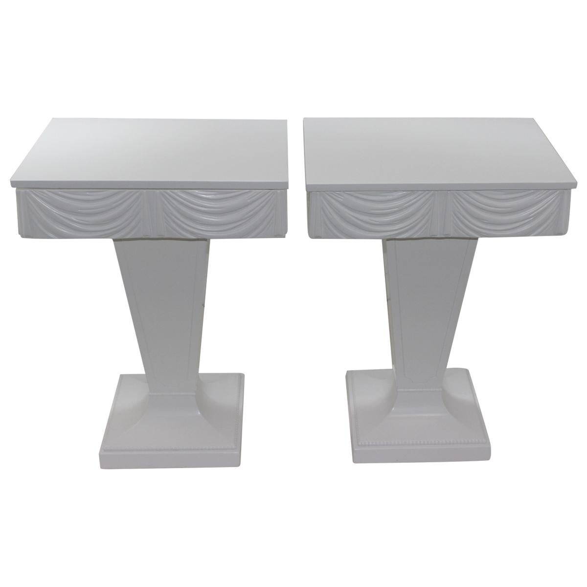 Pair of Grosfeld House White Drapery Nightstands End Tables
