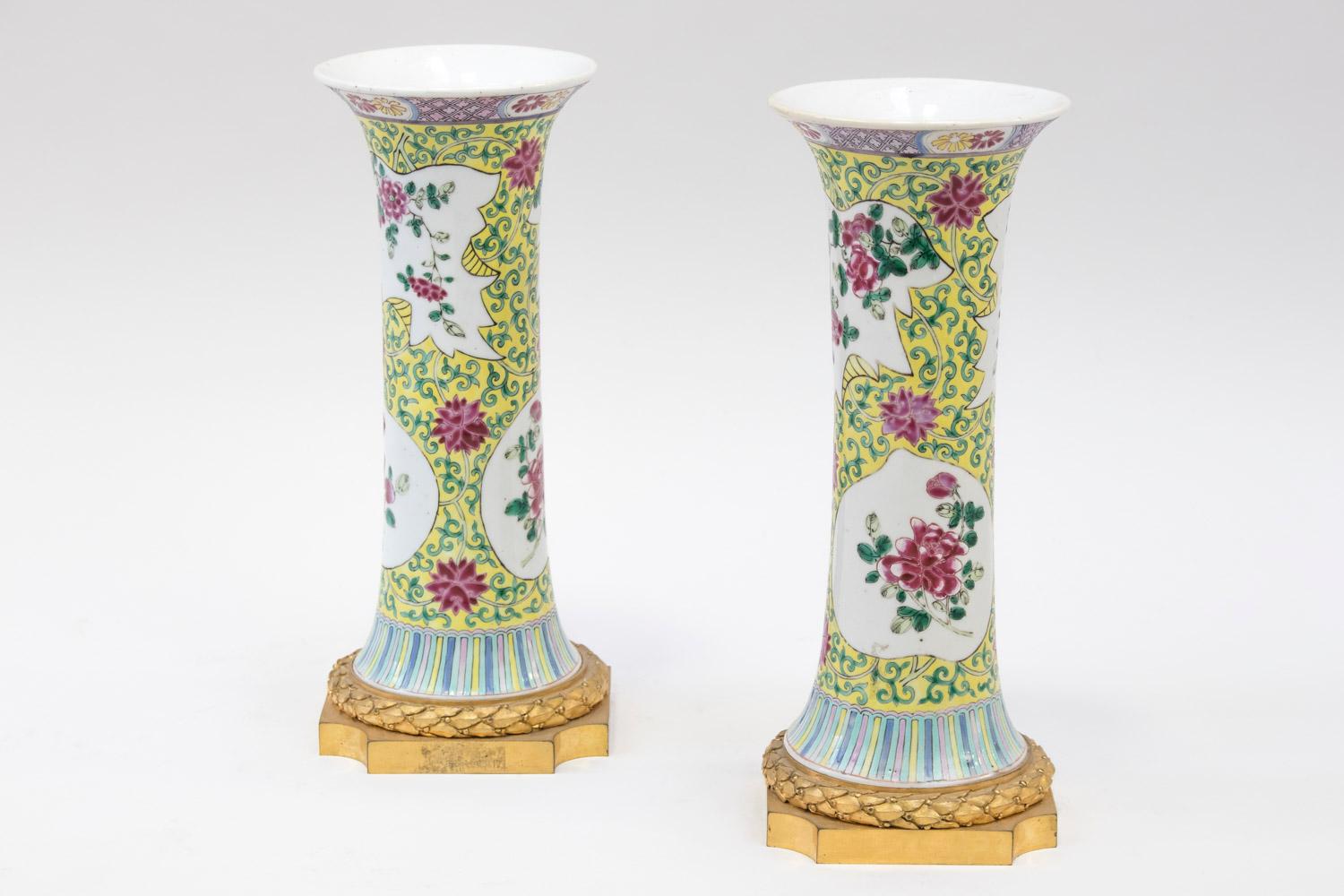 Asian Pair of Gu-Form Pink Porcelain Family Vases, Late 19th Century For Sale