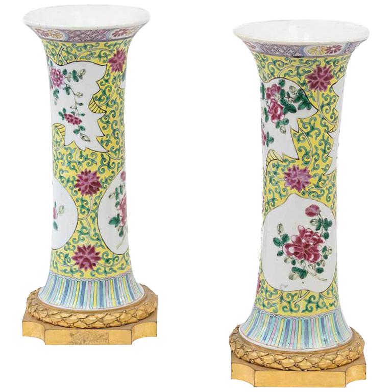 Pair of Gu-Form Pink Porcelain Family Vases, Late 19th Century For Sale