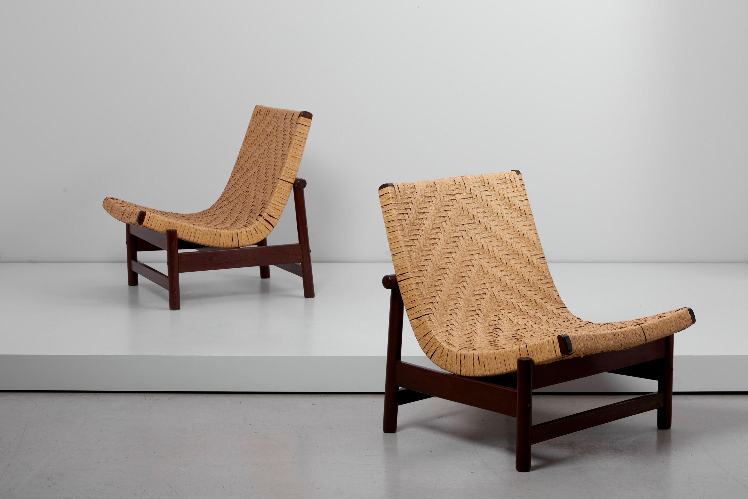 Rare pair of Guama easy chairs, designed in the late 1950s by Gonzalo Cordoba and manufactured by Dujo in Cuba.