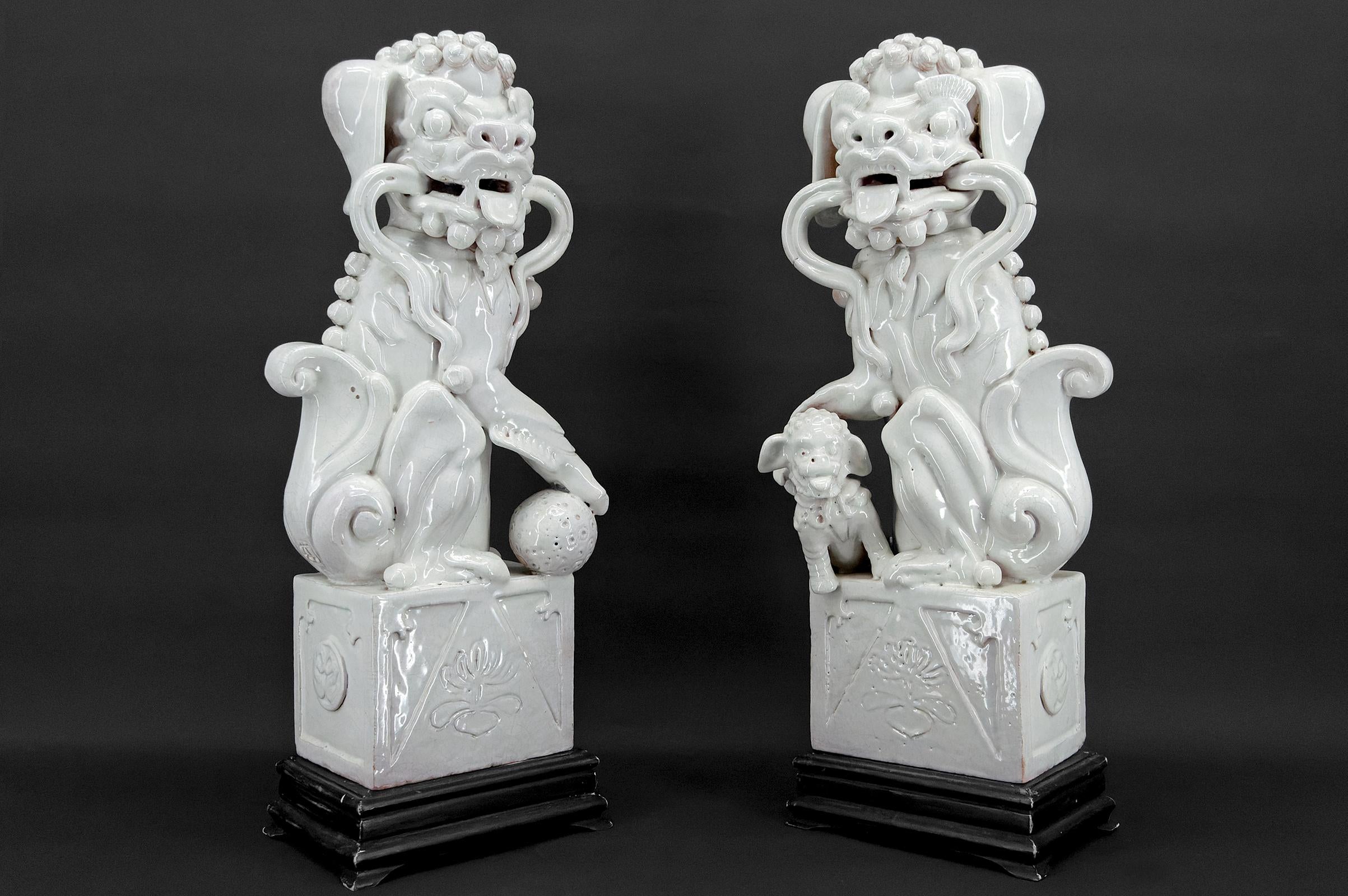 Rare pair of Important Guardian Lions / Fo Dogs / Shizi in ceramic with cracked white enamel.

China, Qing Dynasty, 19th century


Each Fo Dog  / Shizi is seated on a wooden base, its mouth open with a beautiful expression, a necklace of bells