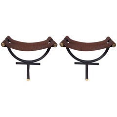 Pair of Gucci's Stools, Braided Leather, Italy, 1980