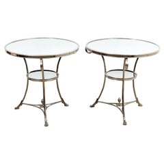 Pair of Gueridon Silver Round Mirrored Top Side Tables with Mirrored Shelf
