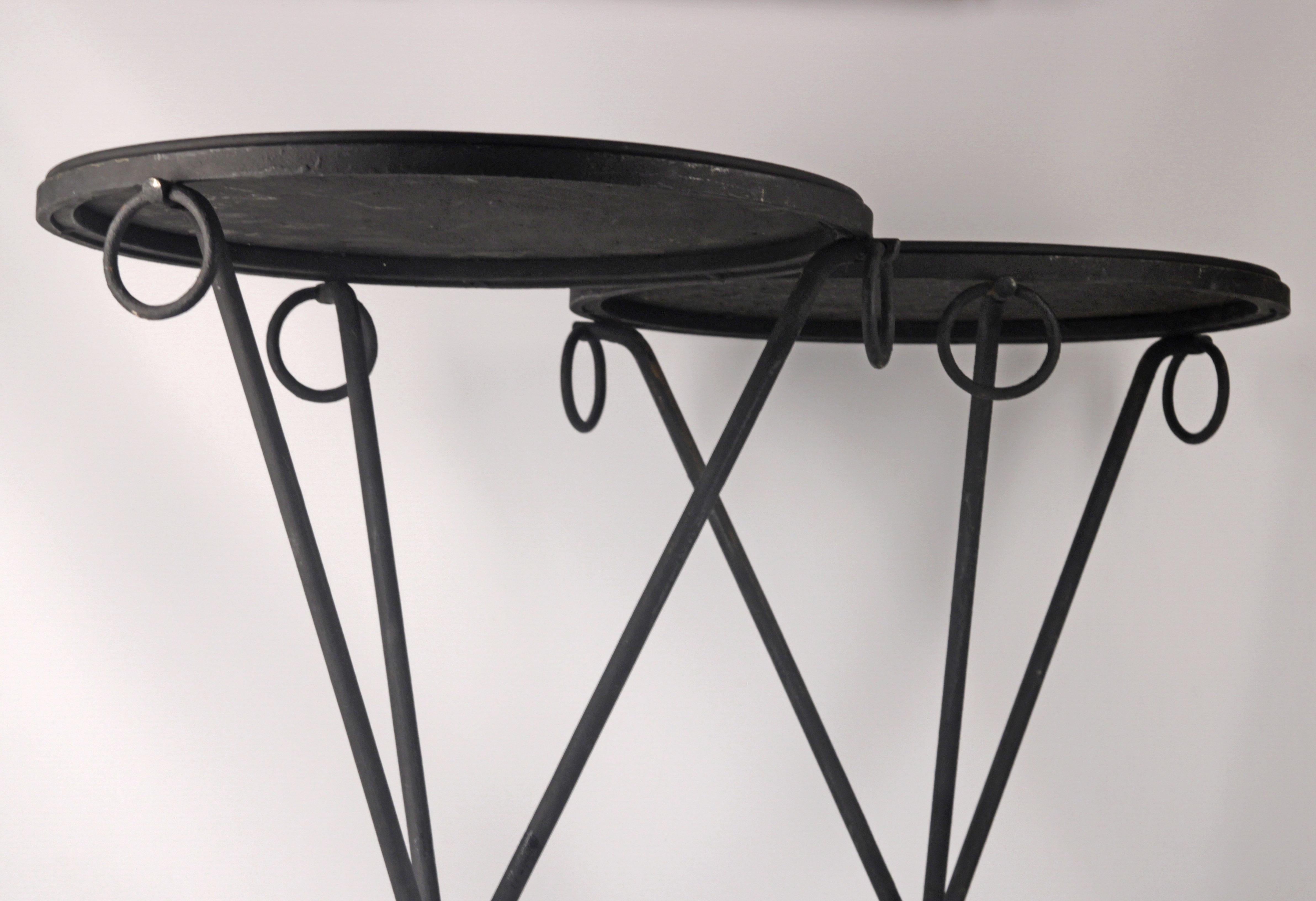Hammered Pair of Mid-20th Century Iron Guéridons Tables by Jean Michel-Frank for Comte