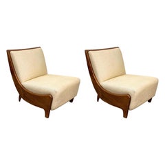 Pair of Guglielmo Ulrich Walnut Wood and White Fabric Italian Armchairs, 1930s