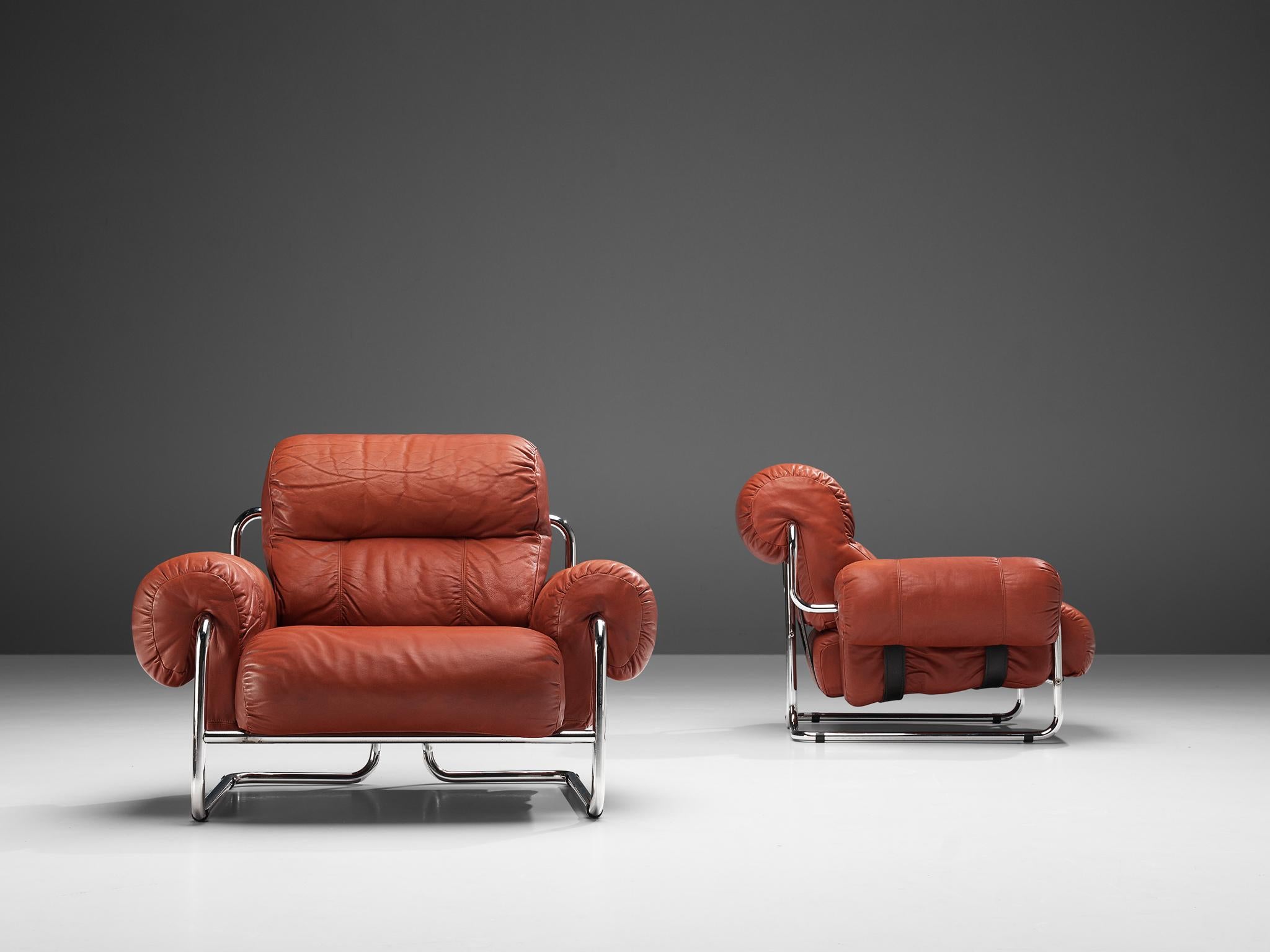 Italian Pair of Guido Faleschini Armchairs in Red Leather