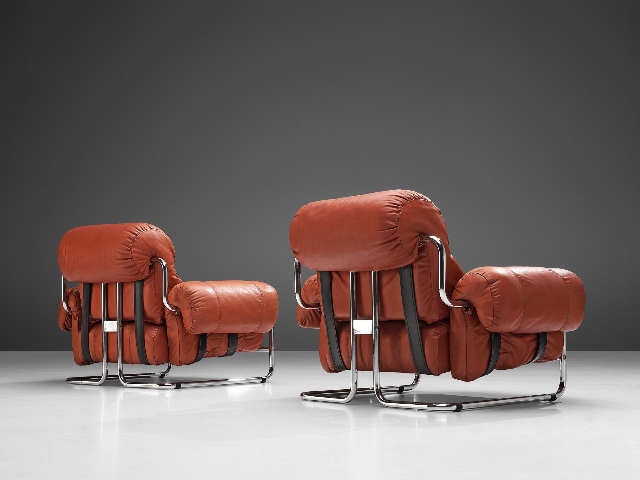Pair of Guido Faleschini Armchairs in Red Leather 1