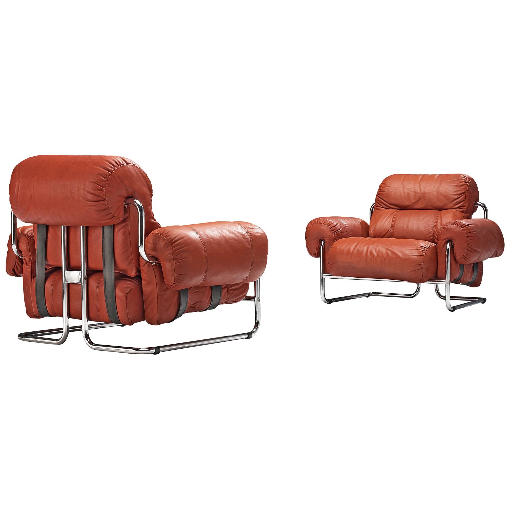 Pair of Guido Faleschini Armchairs in Red Leather