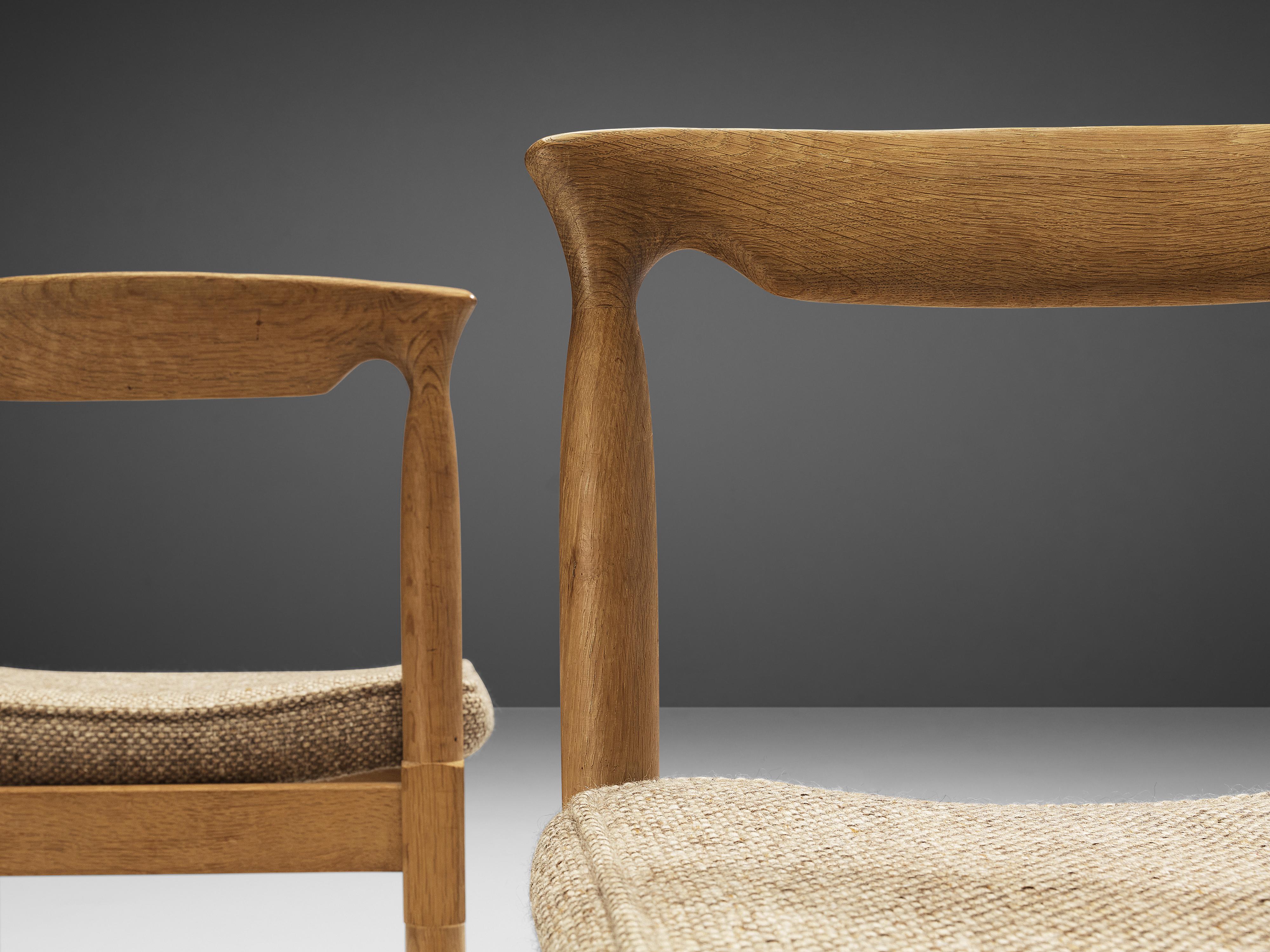 Fabric Pair of Guillerme & Chambron Dining Chairs in Solid Oak