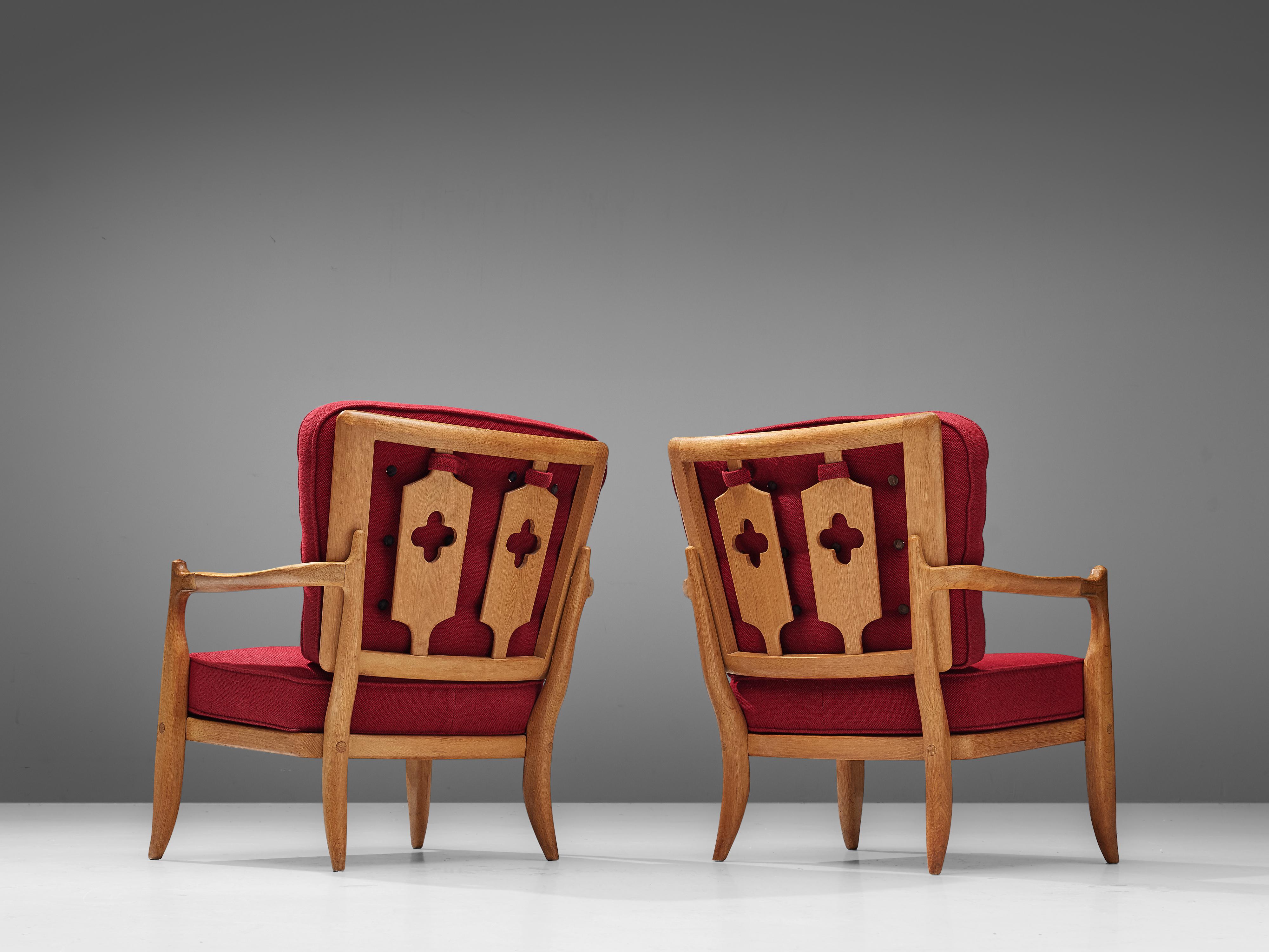 Pair of Guillerme et Chambron Easy Chairs in Oak and Red Upholstery 1