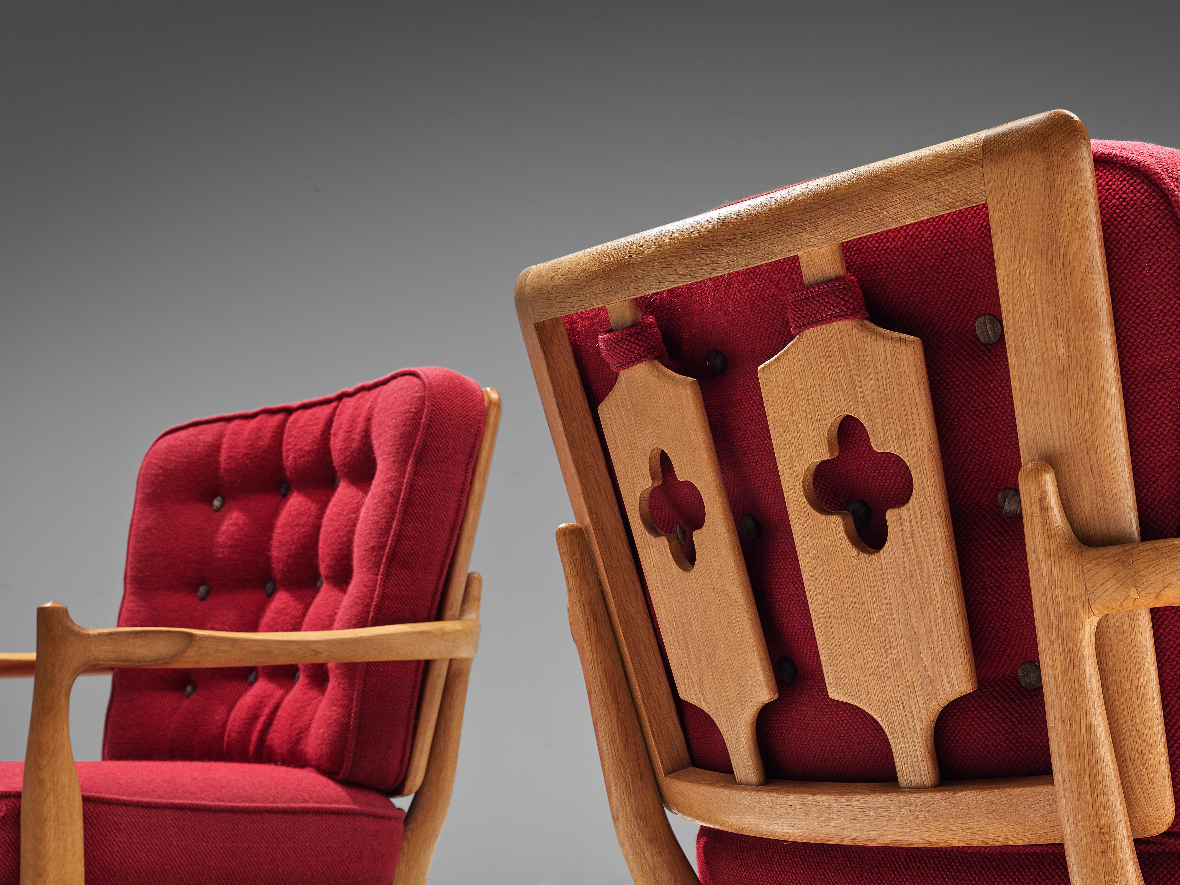 Mid-Century Modern Pair of Guillerme et Chambron Easy Chairs in Oak and Red Upholstery