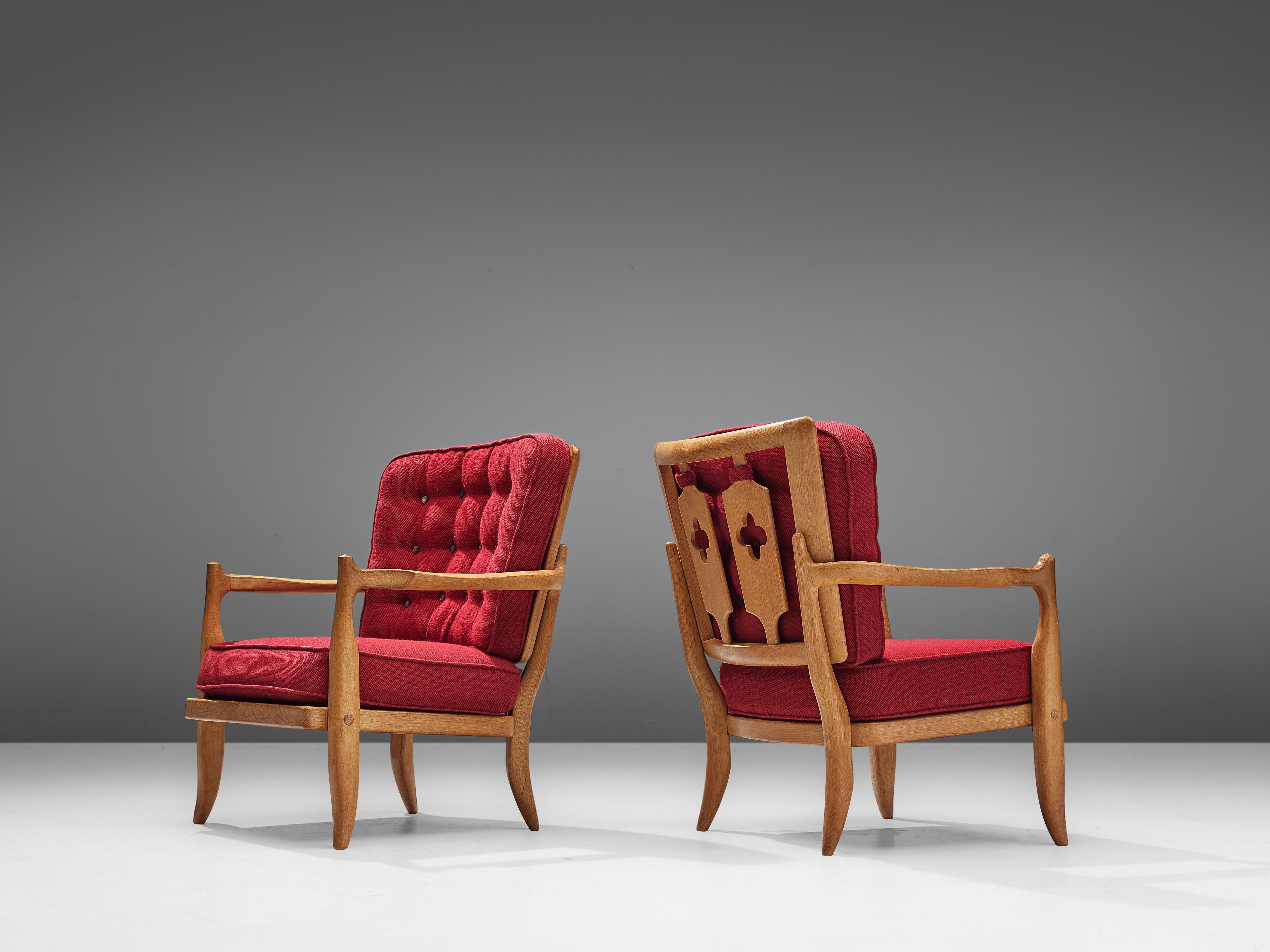 French Pair of Guillerme et Chambron Easy Chairs in Oak and Red Upholstery