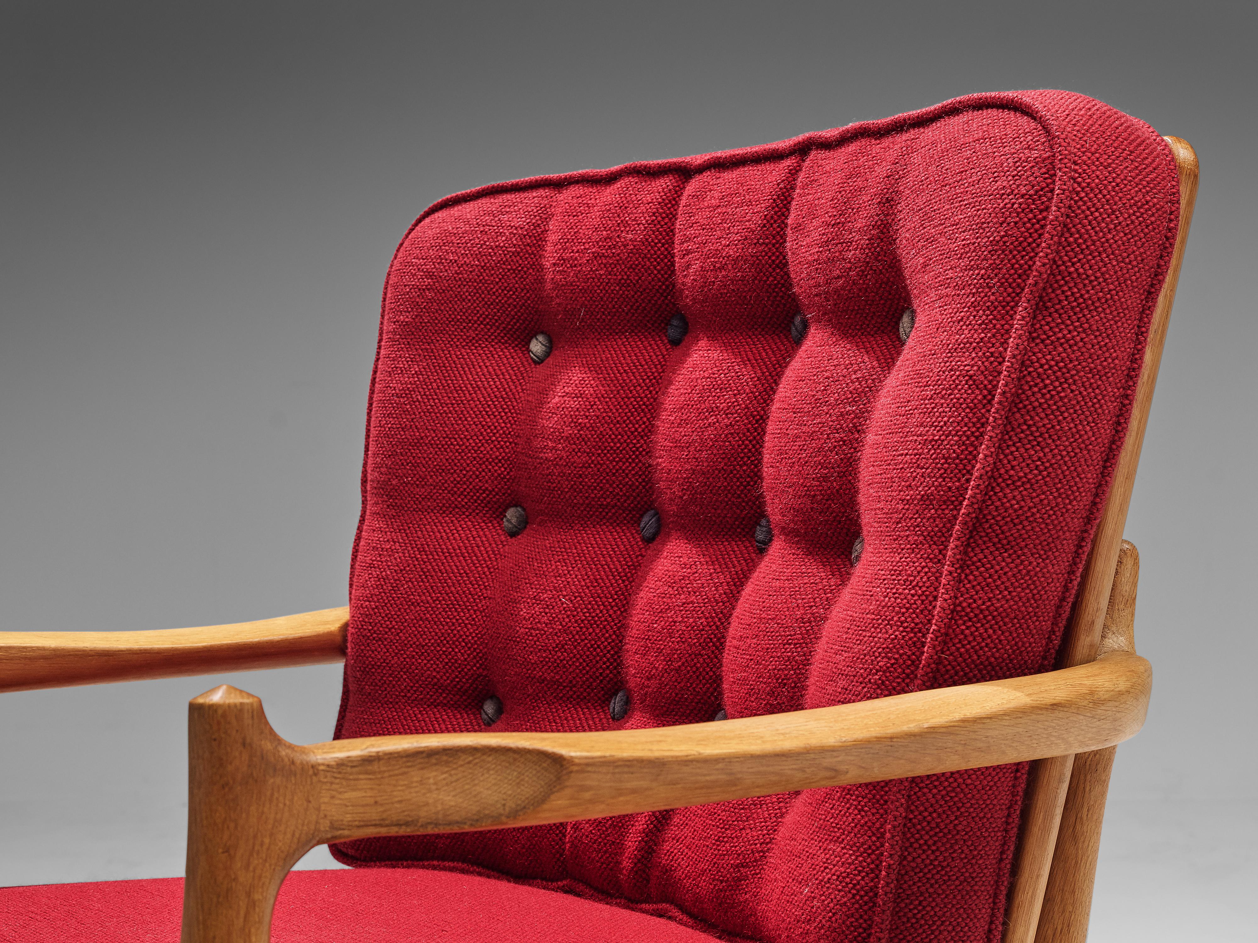 Mid-20th Century Pair of Guillerme et Chambron Easy Chairs in Oak and Red Upholstery