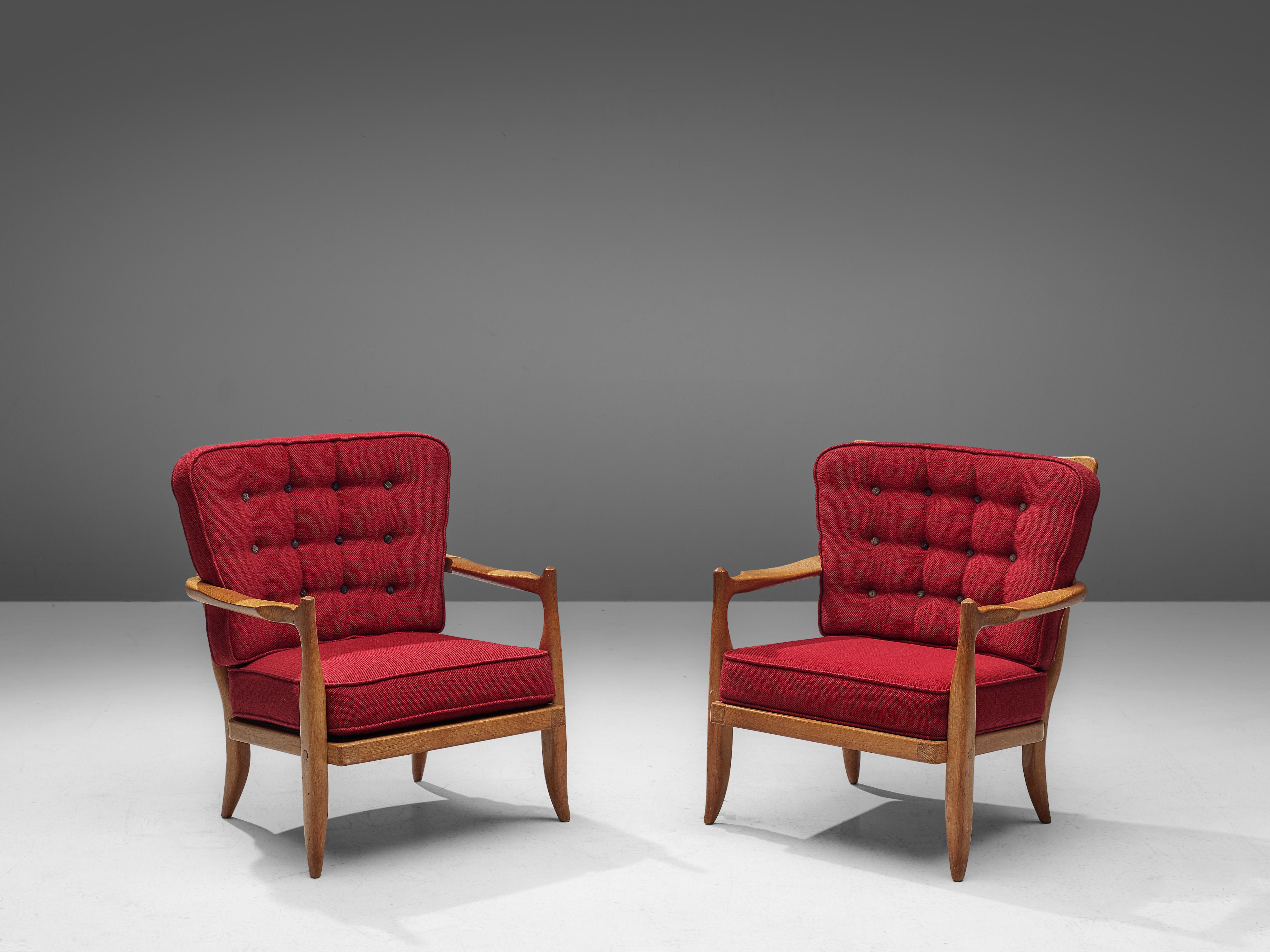 Fabric Pair of Guillerme et Chambron Easy Chairs in Oak and Red Upholstery