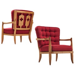 Pair of Guillerme et Chambron Easy Chairs in Oak and Red Upholstery