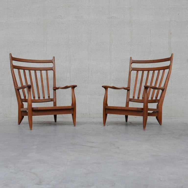 French Pair of Guillerme et Chambron Edouard Oak Mid-Century Armchairs