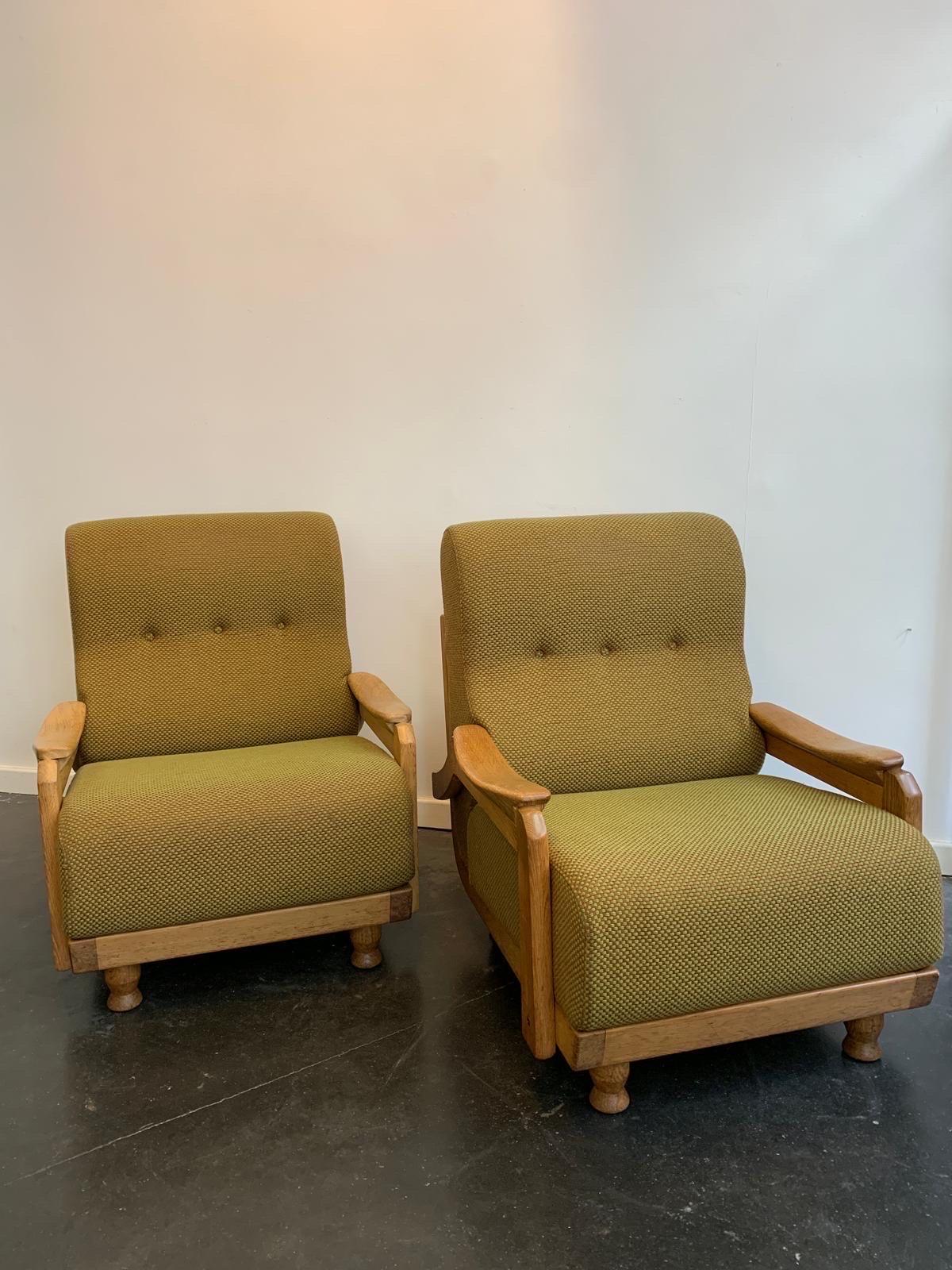 pair of guillerme et chambron low seat in oak and fabric