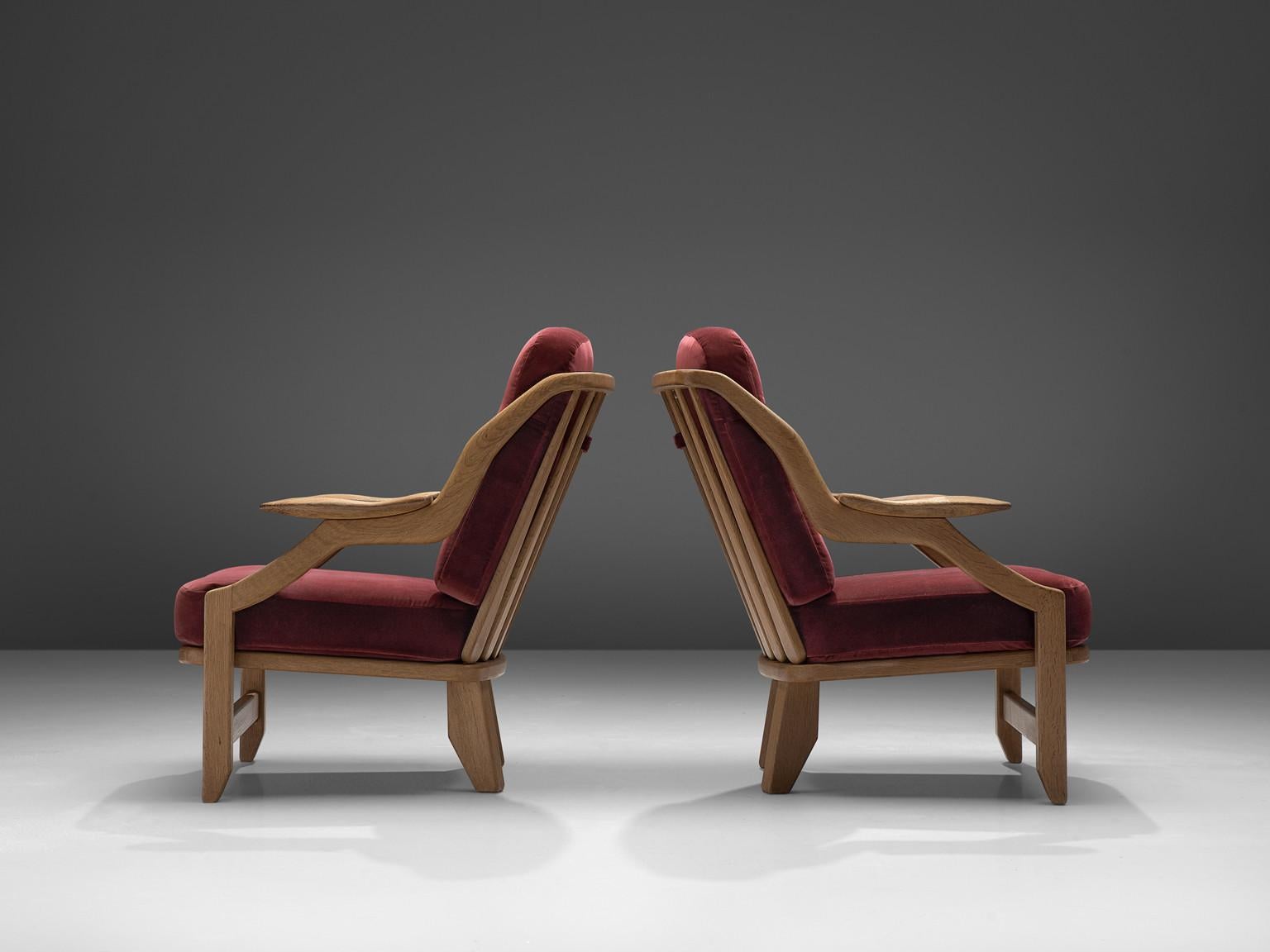 French Pair of Guillerme et Chambron Lounge Chairs in Burgundy Upholstery