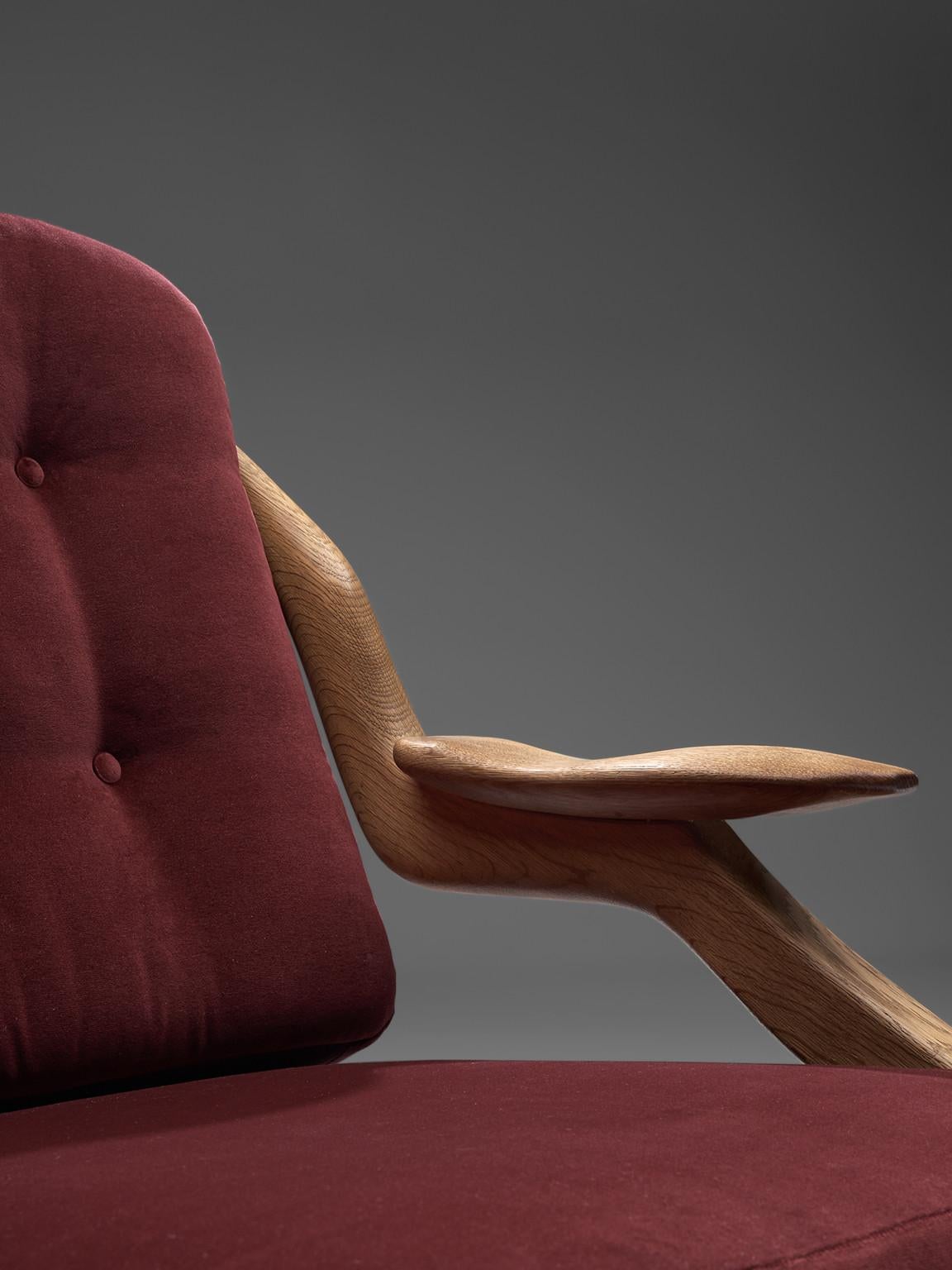 Pair of Guillerme et Chambron Lounge Chairs in Burgundy Upholstery 1
