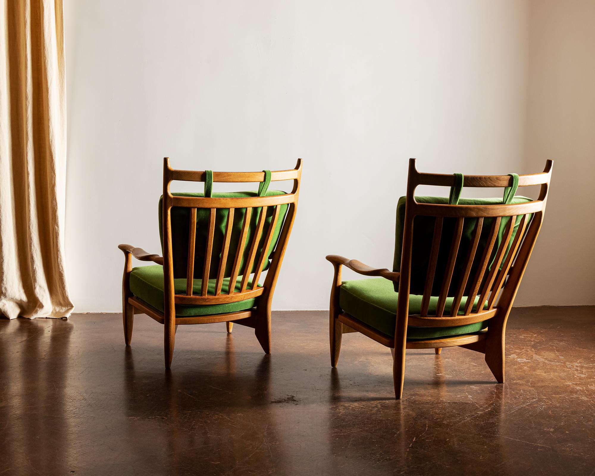 French Pair of Guillerme et Chambron Lounge Chairs in Oak and Mohair Velvet