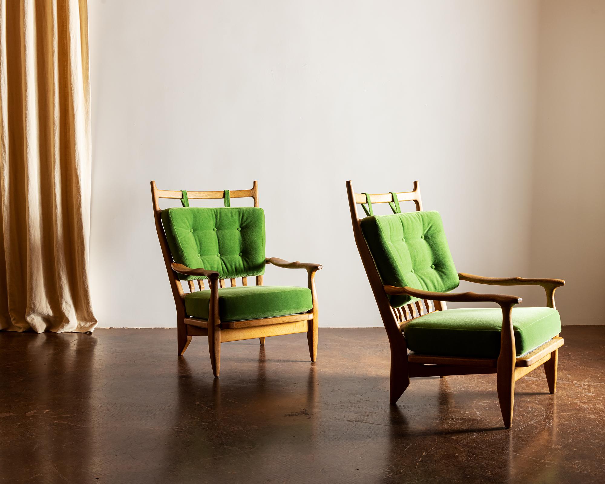 Hand-Crafted Pair of Guillerme et Chambron Lounge Chairs in Oak and Mohair Velvet
