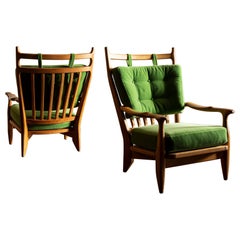 Pair of Guillerme et Chambron Lounge Chairs in Oak and Mohair Velvet