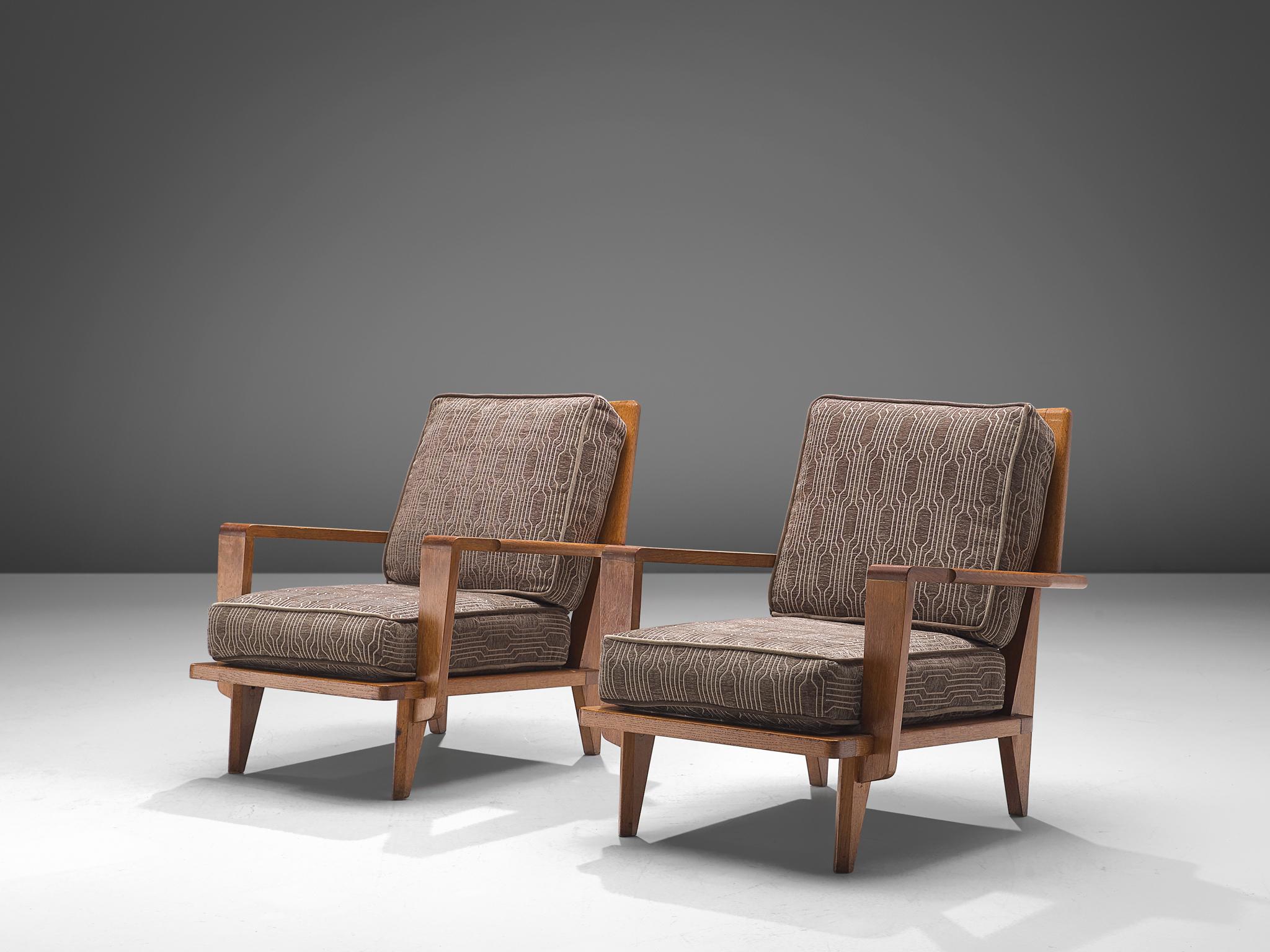 Mid-Century Modern Pair of Guillerme et Chambron  Lounge Chairs in Solid Oak