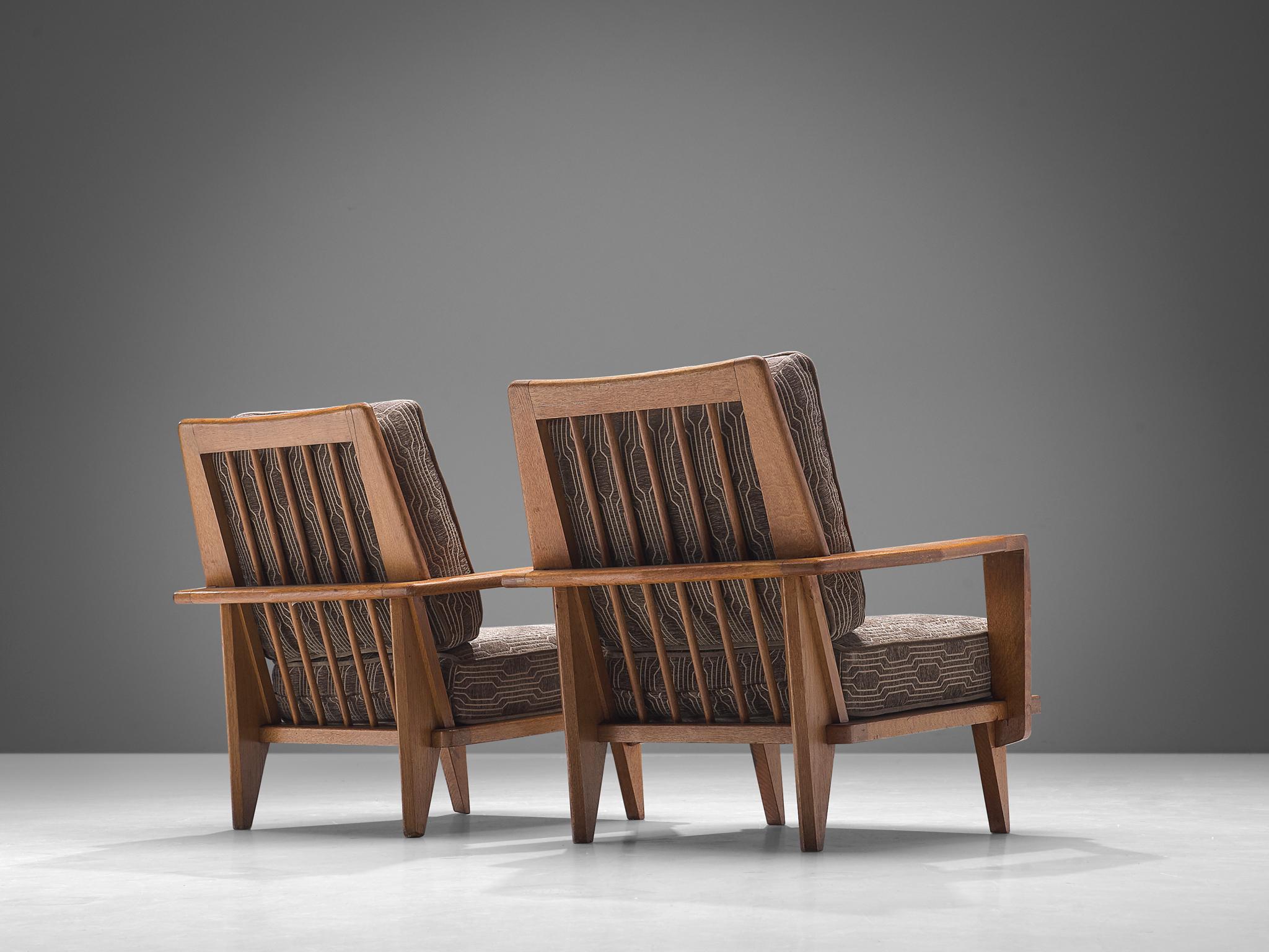 French Pair of Guillerme et Chambron  Lounge Chairs in Solid Oak